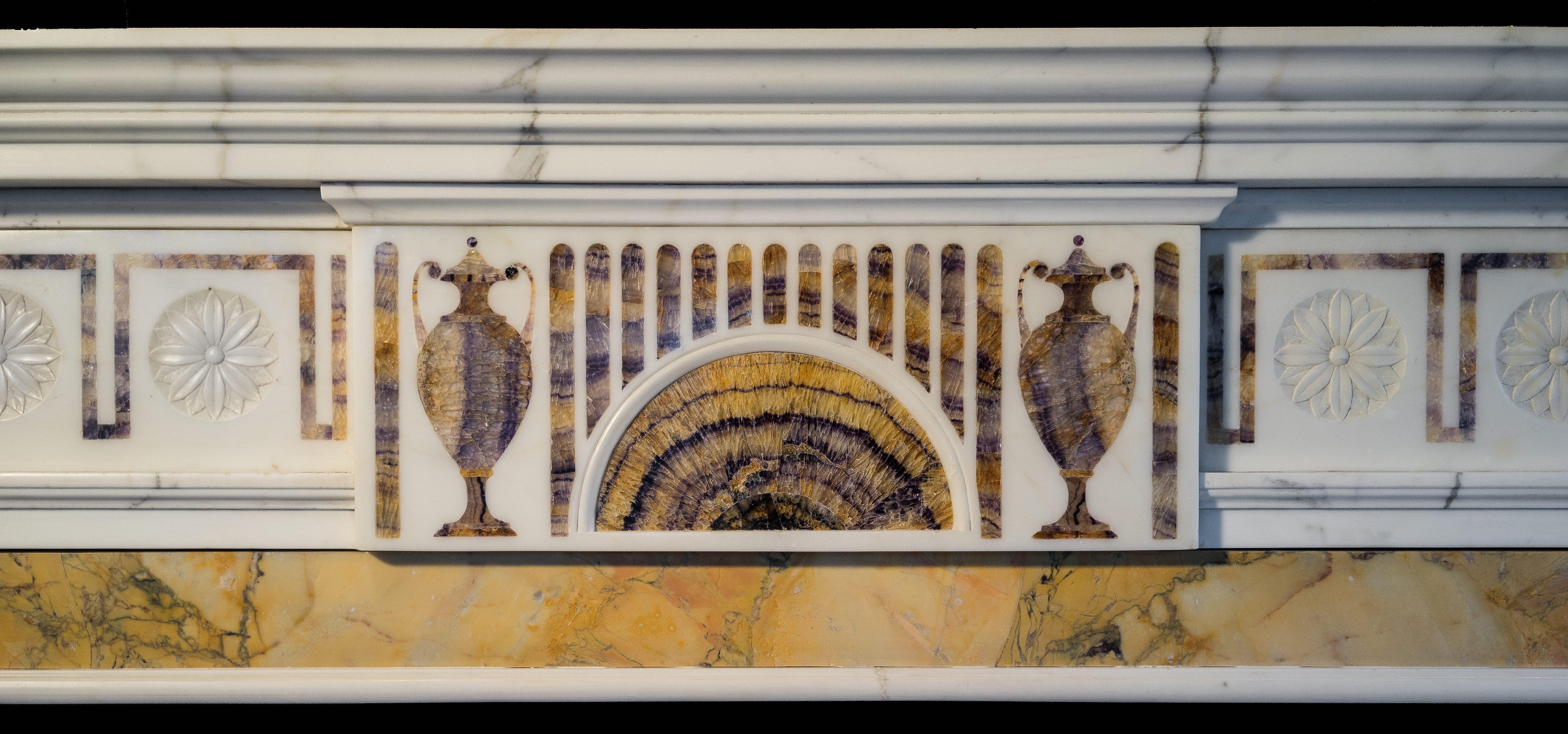 English Large Georgian Style Fireplace Mantel in Statuary and Bluejohn Marble For Sale