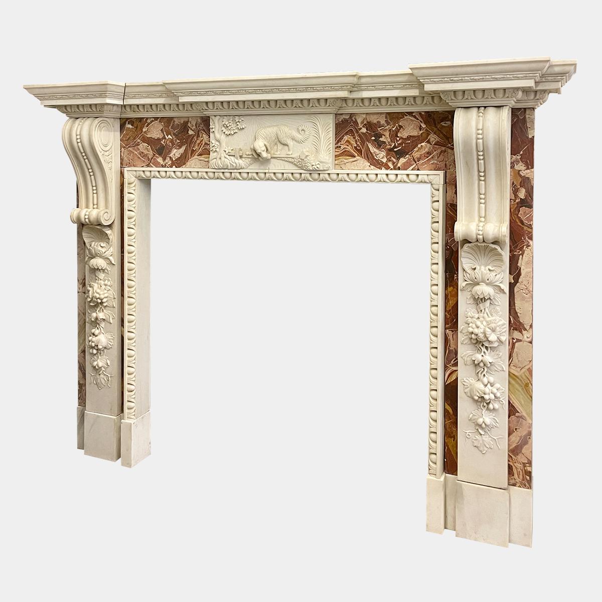Carved Large Georgian Style Jasper and White Marble Fireplace Mantel For Sale