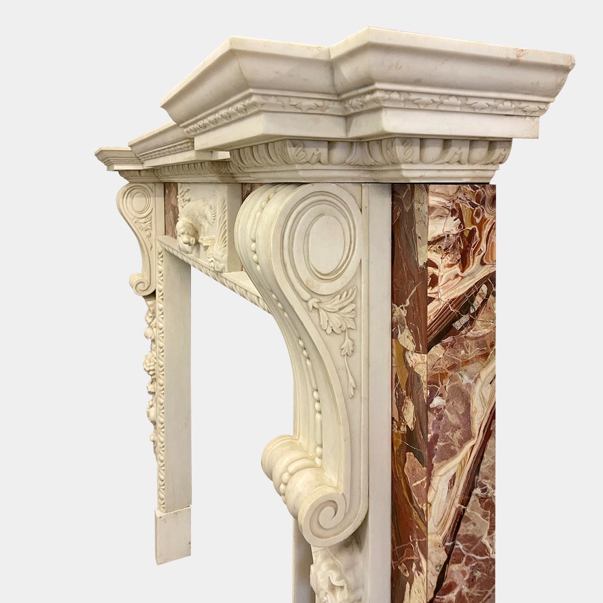 Large Georgian Style Jasper and White Marble Fireplace Mantel For Sale 2