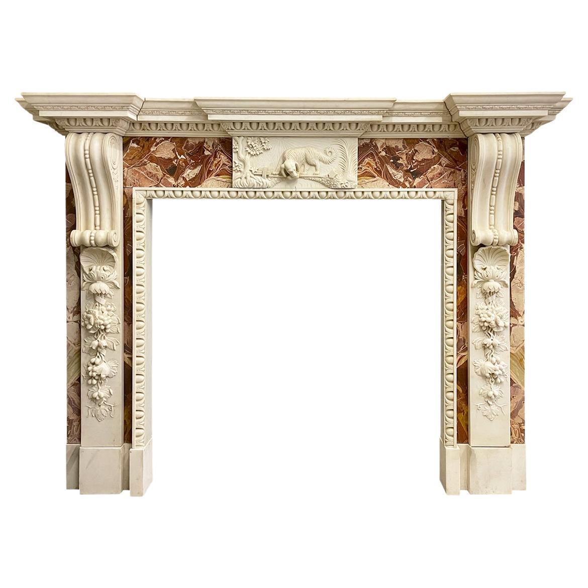 Large Georgian Style Jasper and White Marble Fireplace Mantel For Sale