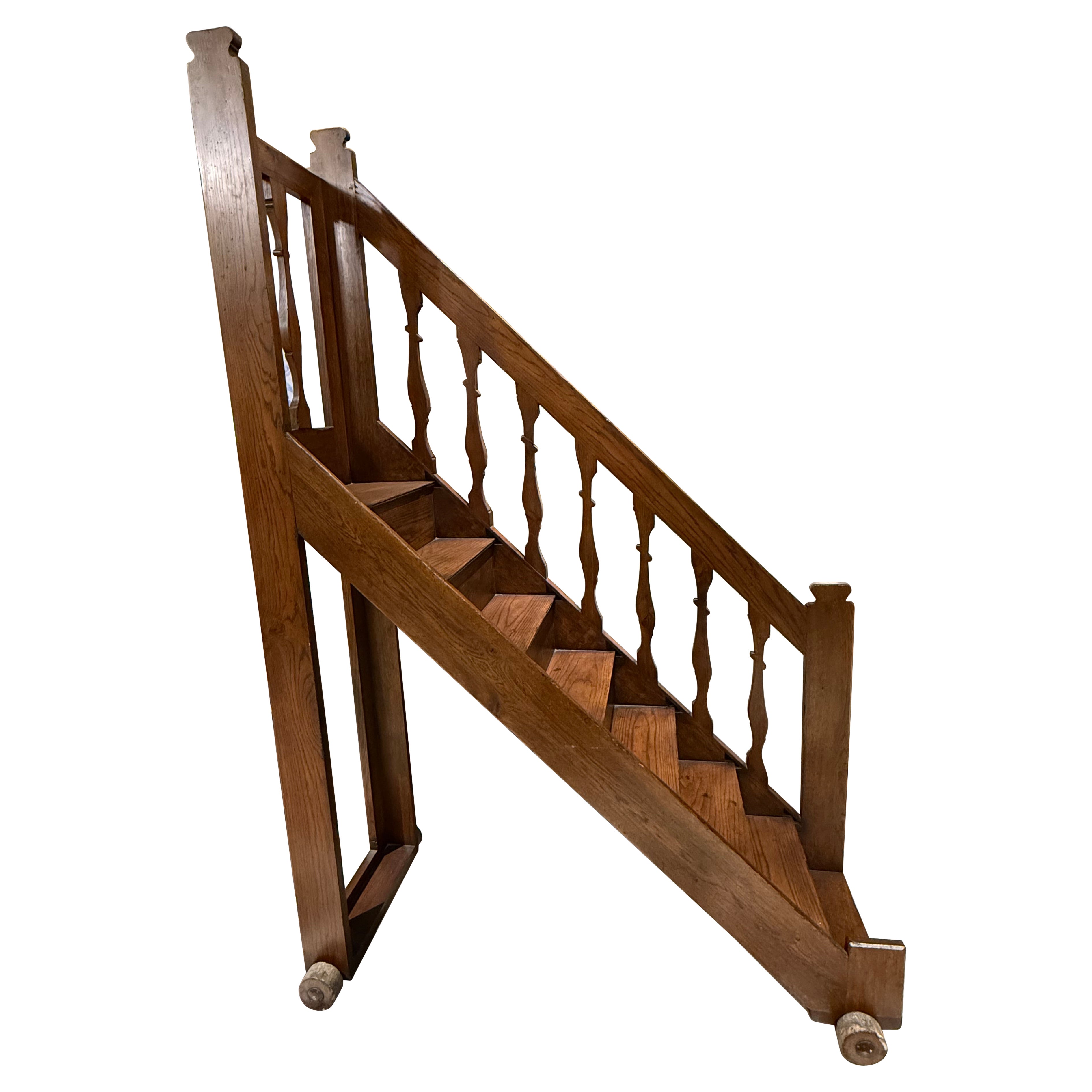 A Large Georgian Style Movable Oak Library Staircase For Sale