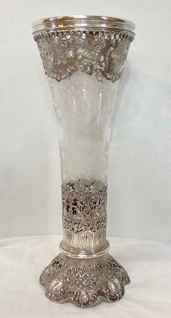 A Large German Hanau Silver Cut and Etched Glass Trumpet Vase