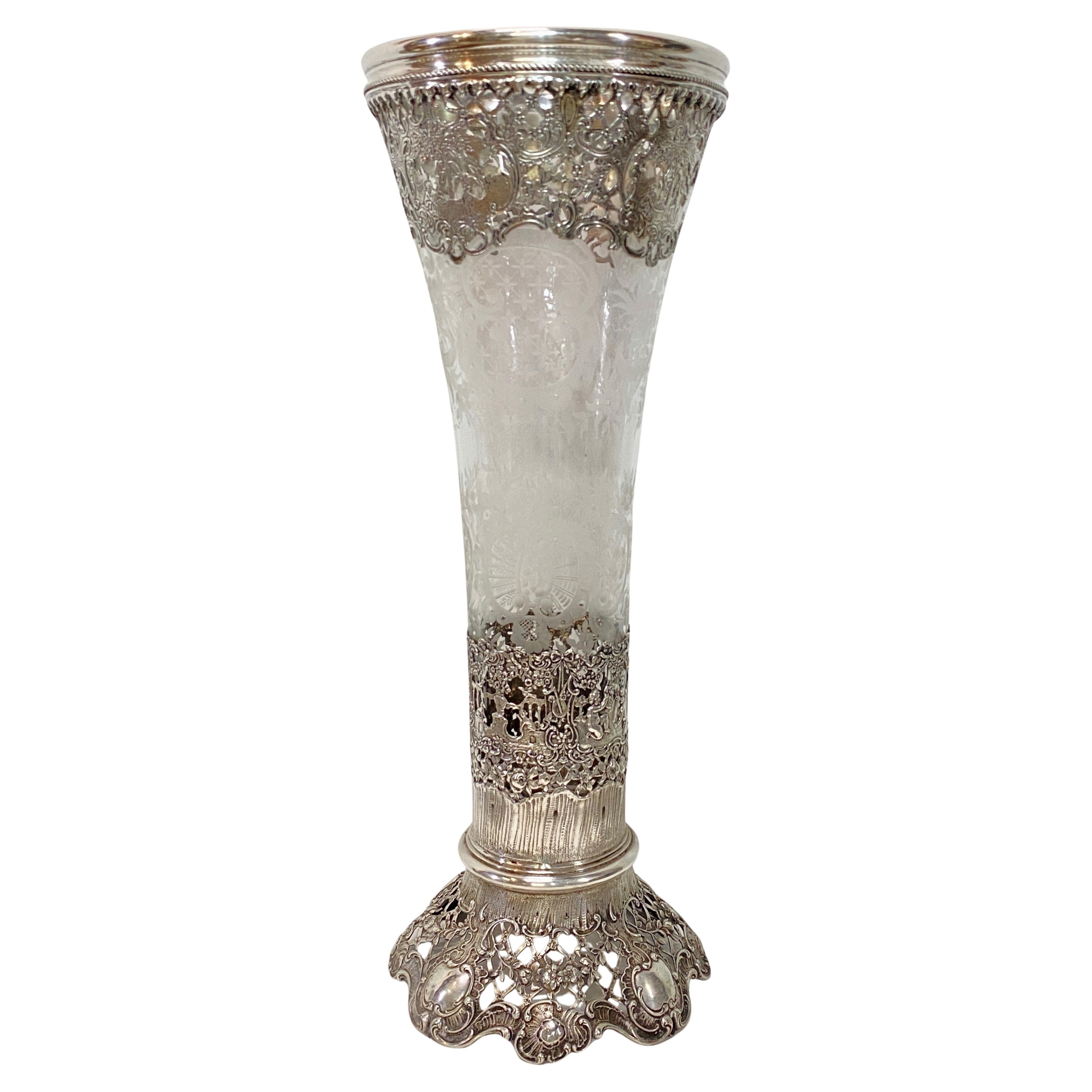 A Large German Hanau Silver Cut and Etched Glass Trumpet Vase