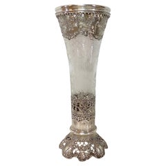 A Large German Hanau Silver Cut and Etched Glass Trumpet Vase