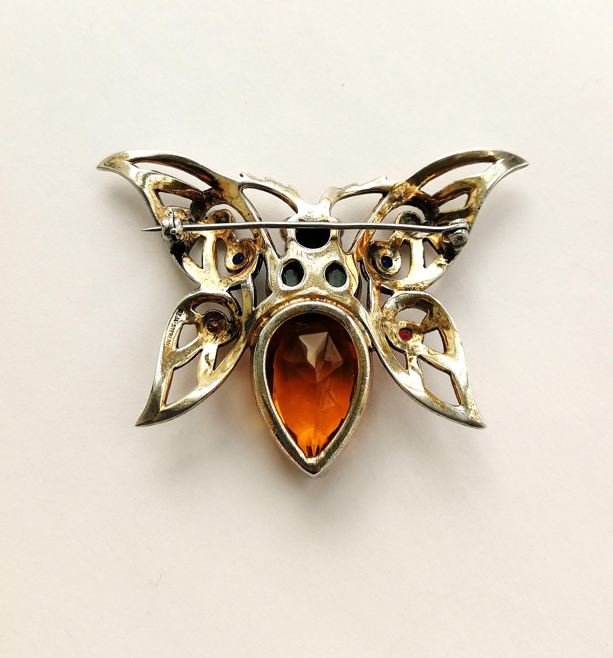 A large gilded sterling silver and coloured paste 'butterfly' brooch, Reja 1940s In Good Condition In Greyabbey, County Down