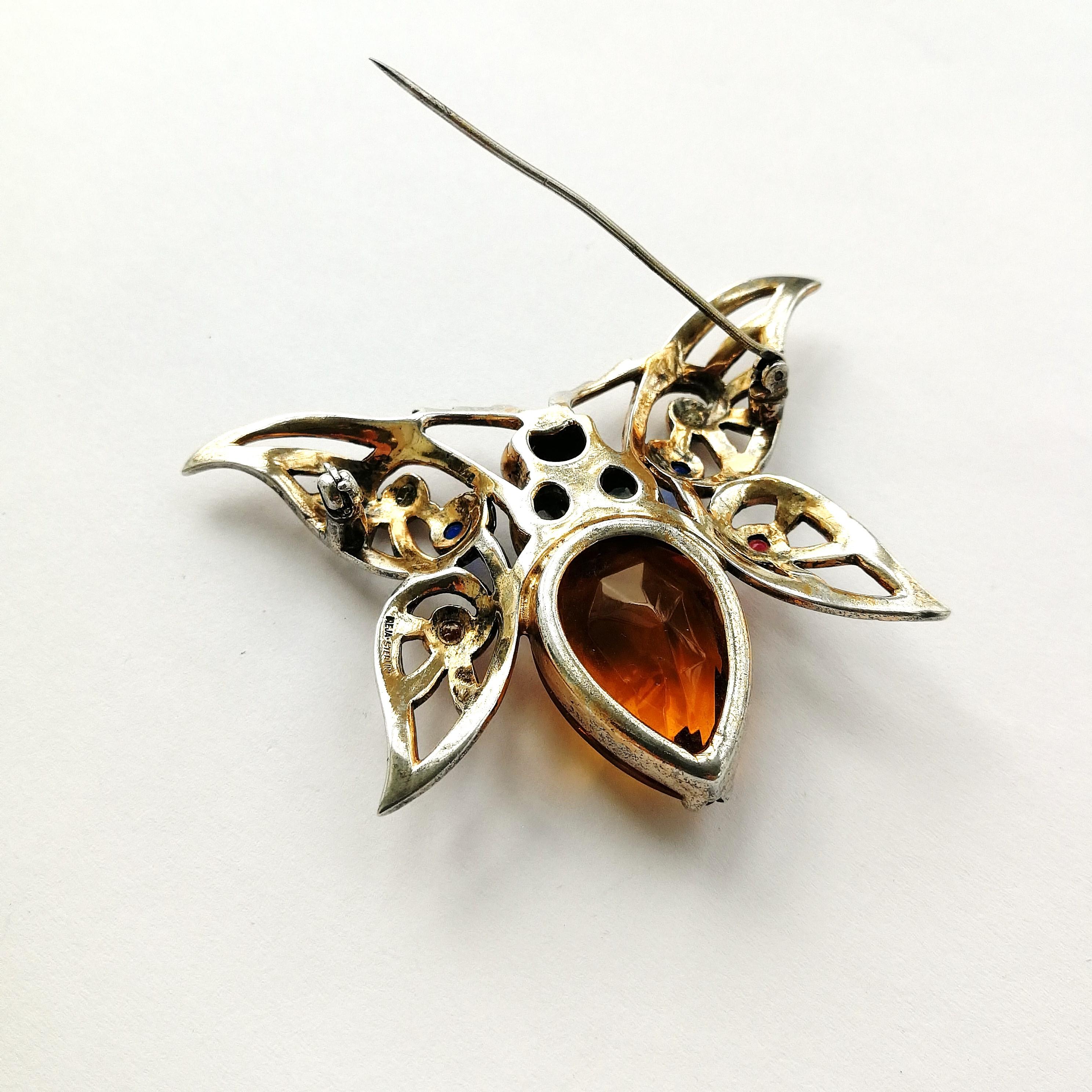 A large gilded sterling silver and coloured paste 'butterfly' brooch, Reja 1940s 2