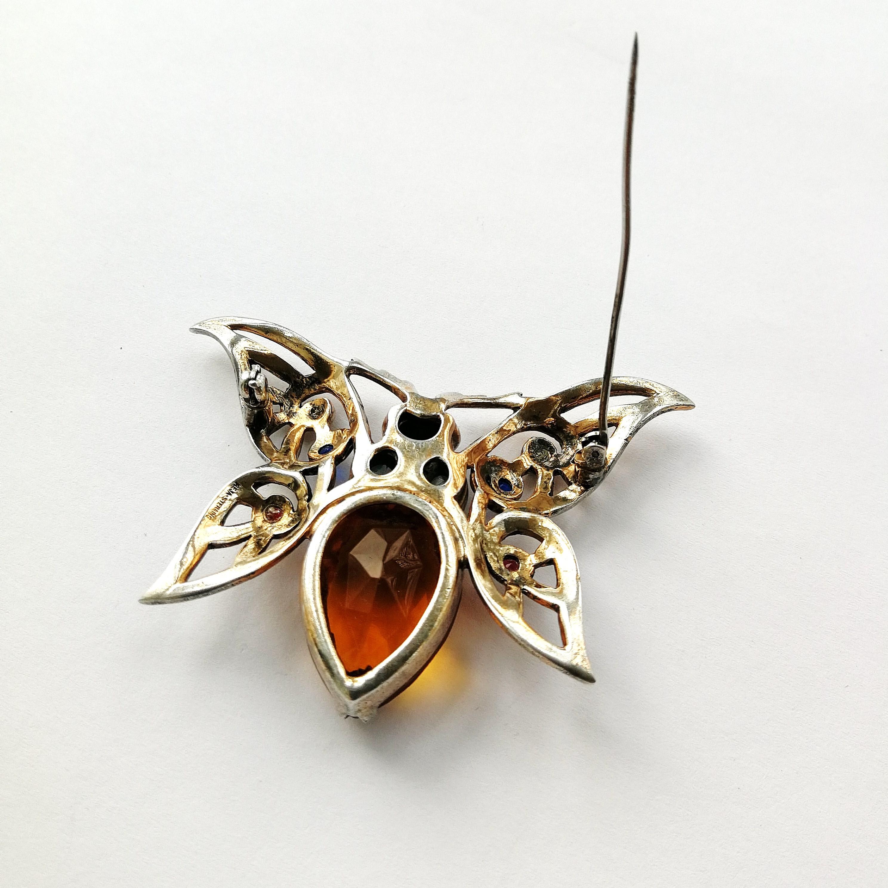 A large gilded sterling silver and coloured paste 'butterfly' brooch, Reja 1940s 3