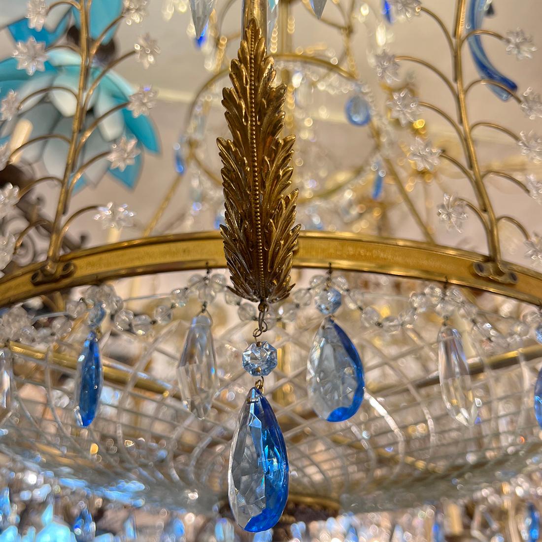 Bronze A Large Gilt  Baltic Chandelier with Blue Crystals For Sale