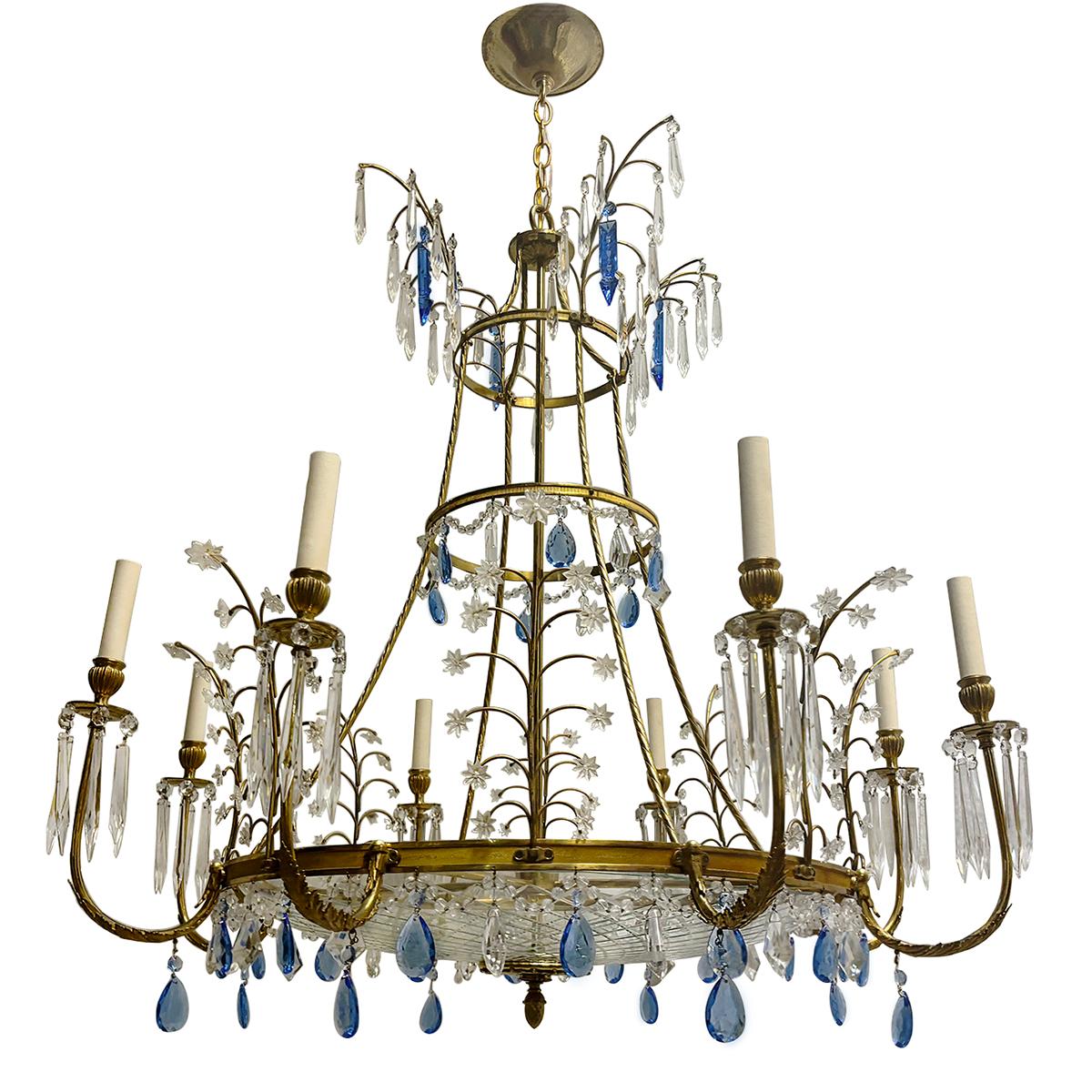 A Large Gilt  Baltic Chandelier with Blue Crystals For Sale