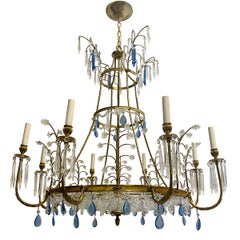 Antique A Large Gilt  Baltic Chandelier with Blue Crystals