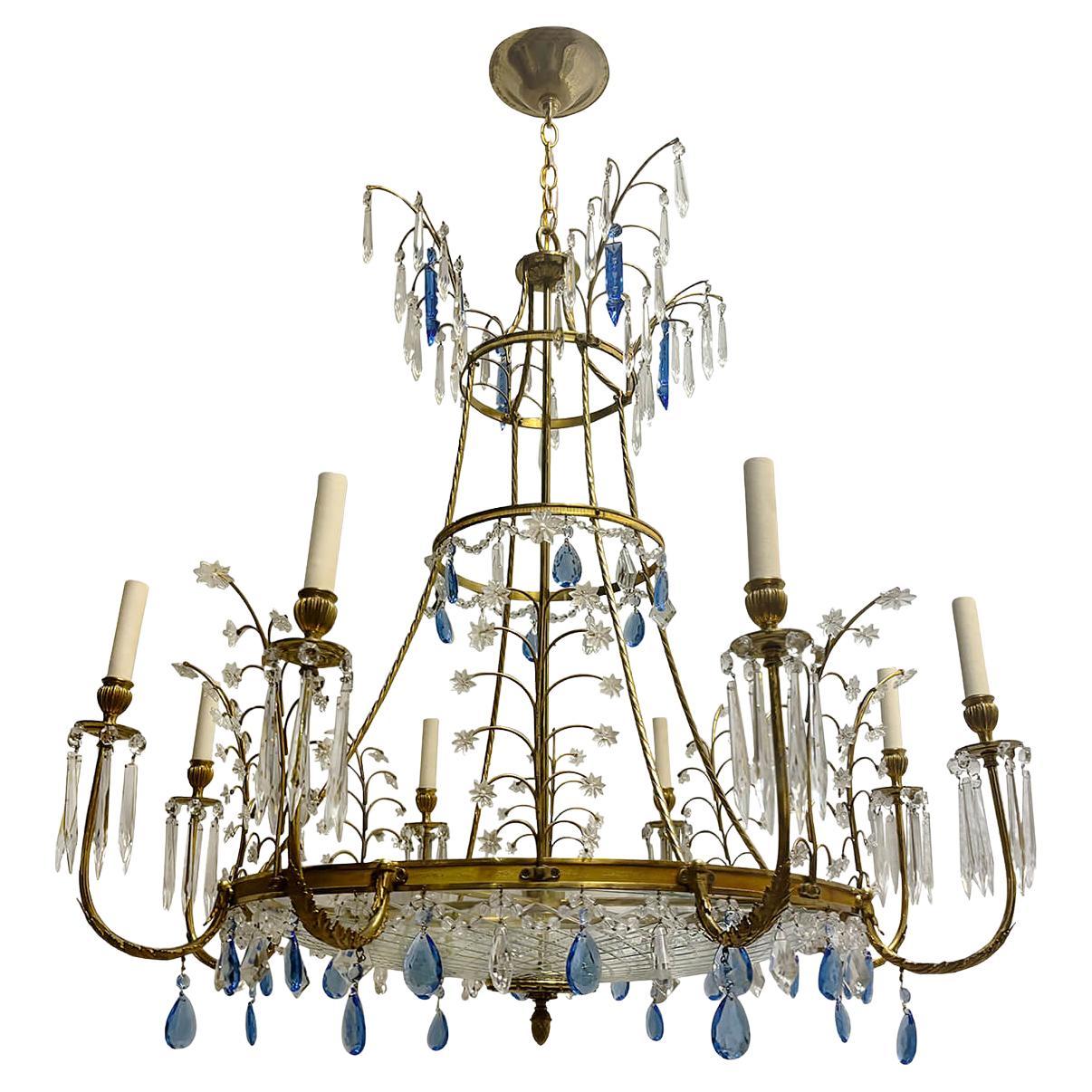 A Large Gilt Blue Crystals Baltic Chandelier