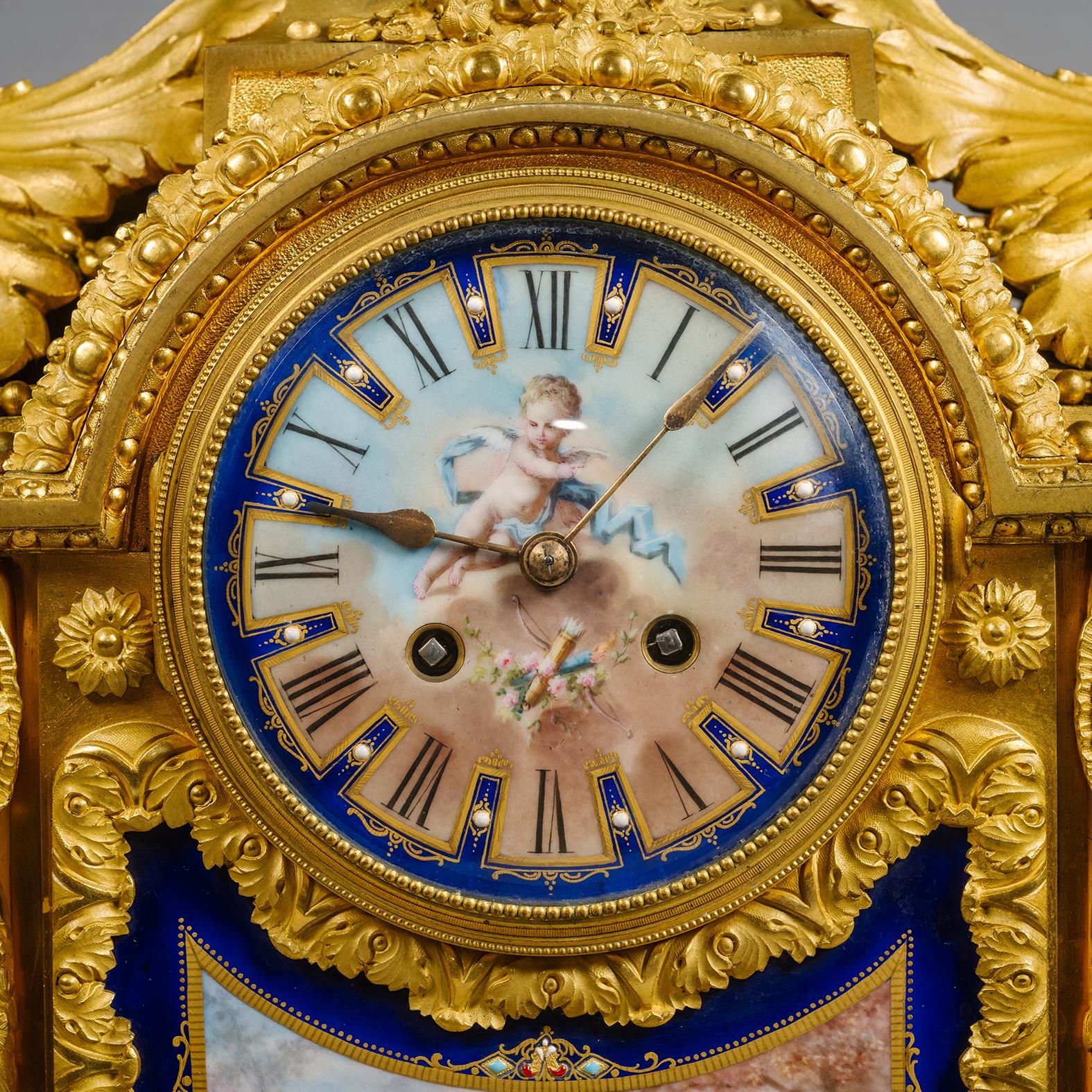 A Large Gilt-Bronze and Sèvres Style Porcelain Three-Piece Clock Garniture In Good Condition For Sale In Brighton, West Sussex
