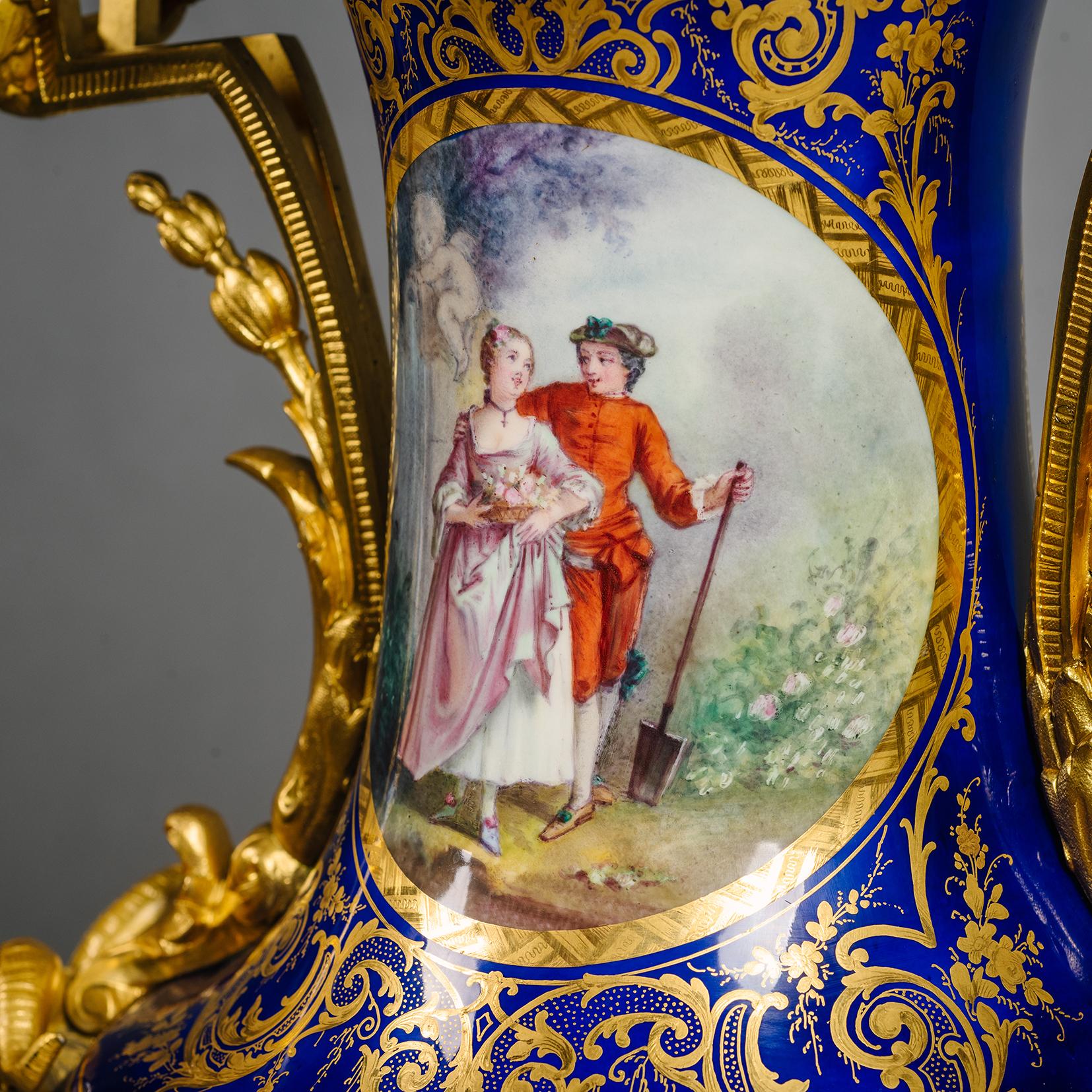 A Large Gilt-Bronze and Sèvres Style Porcelain Three-Piece Clock Garniture For Sale 4