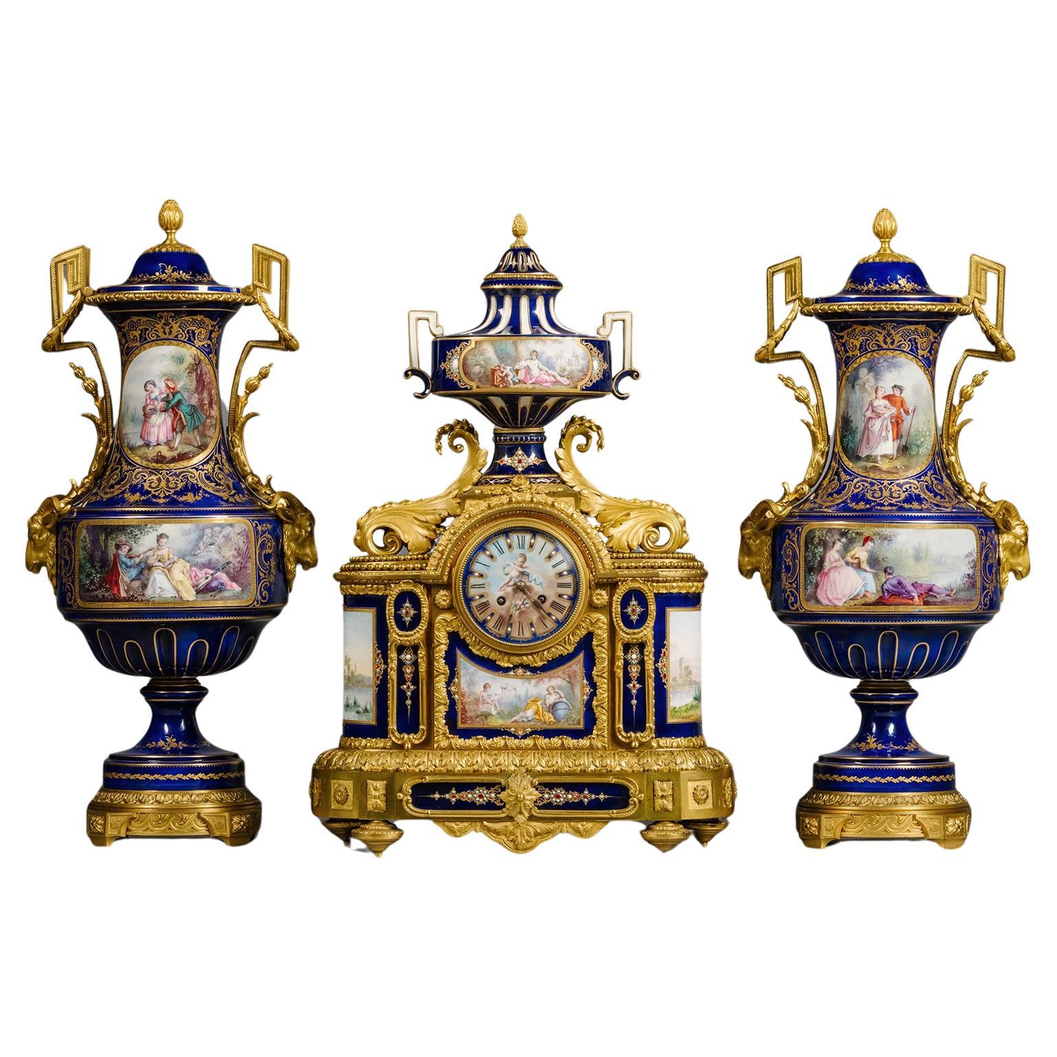 Grande pendule garnie en bronze doré et porcelaine de Sèvres en trois parties en vente