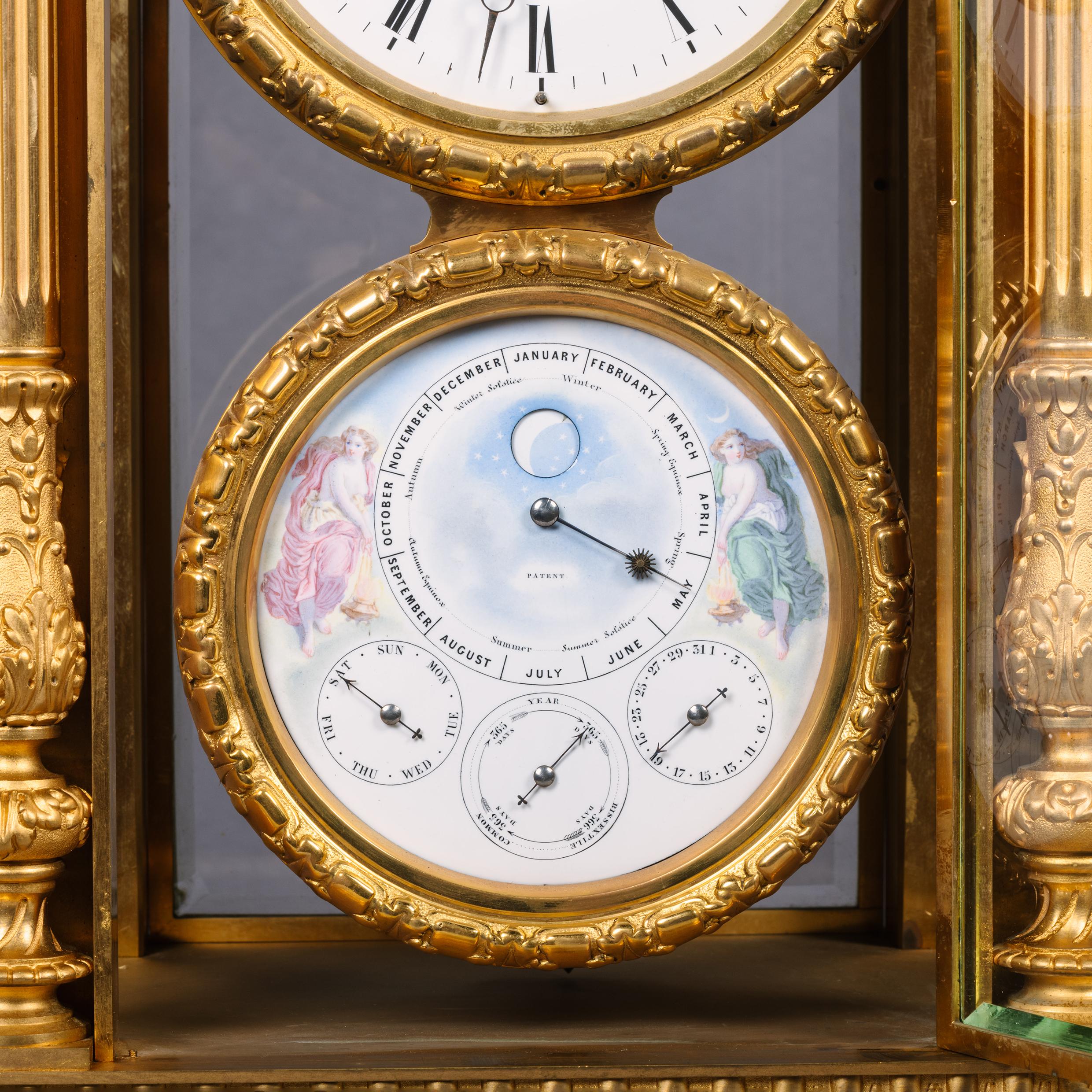 French A Large Gilt-Bronze Four-Glass Mantel Regulator Calendar Clock For Sale