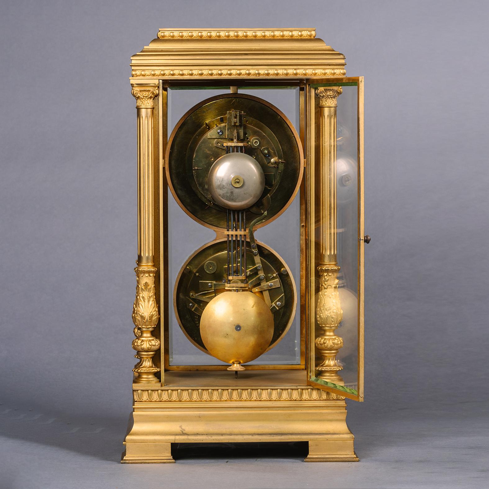 A Large Gilt-Bronze Four-Glass Mantel Regulator Calendar Clock In Good Condition For Sale In Brighton, West Sussex