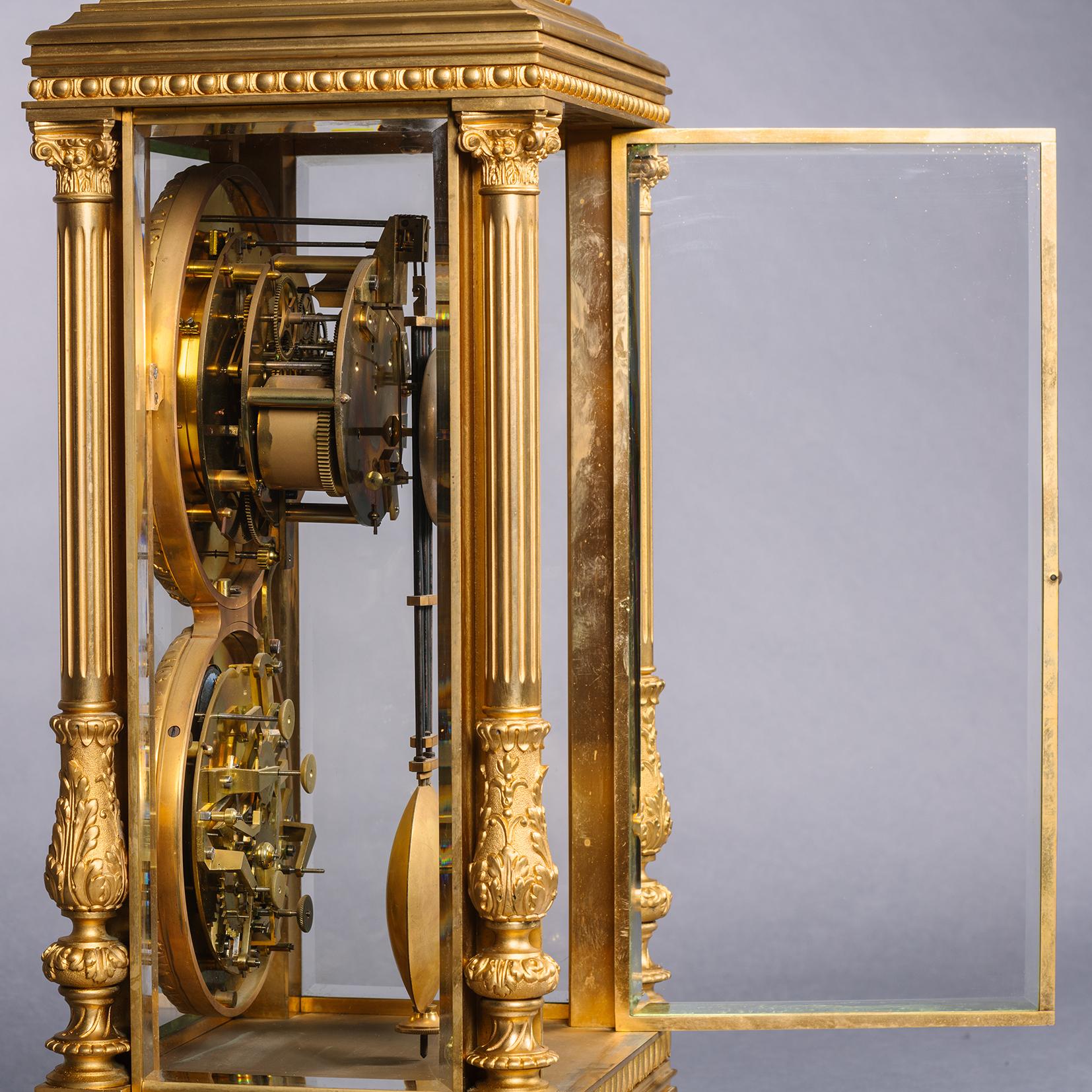 Enamel A Large Gilt-Bronze Four-Glass Mantel Regulator Calendar Clock For Sale
