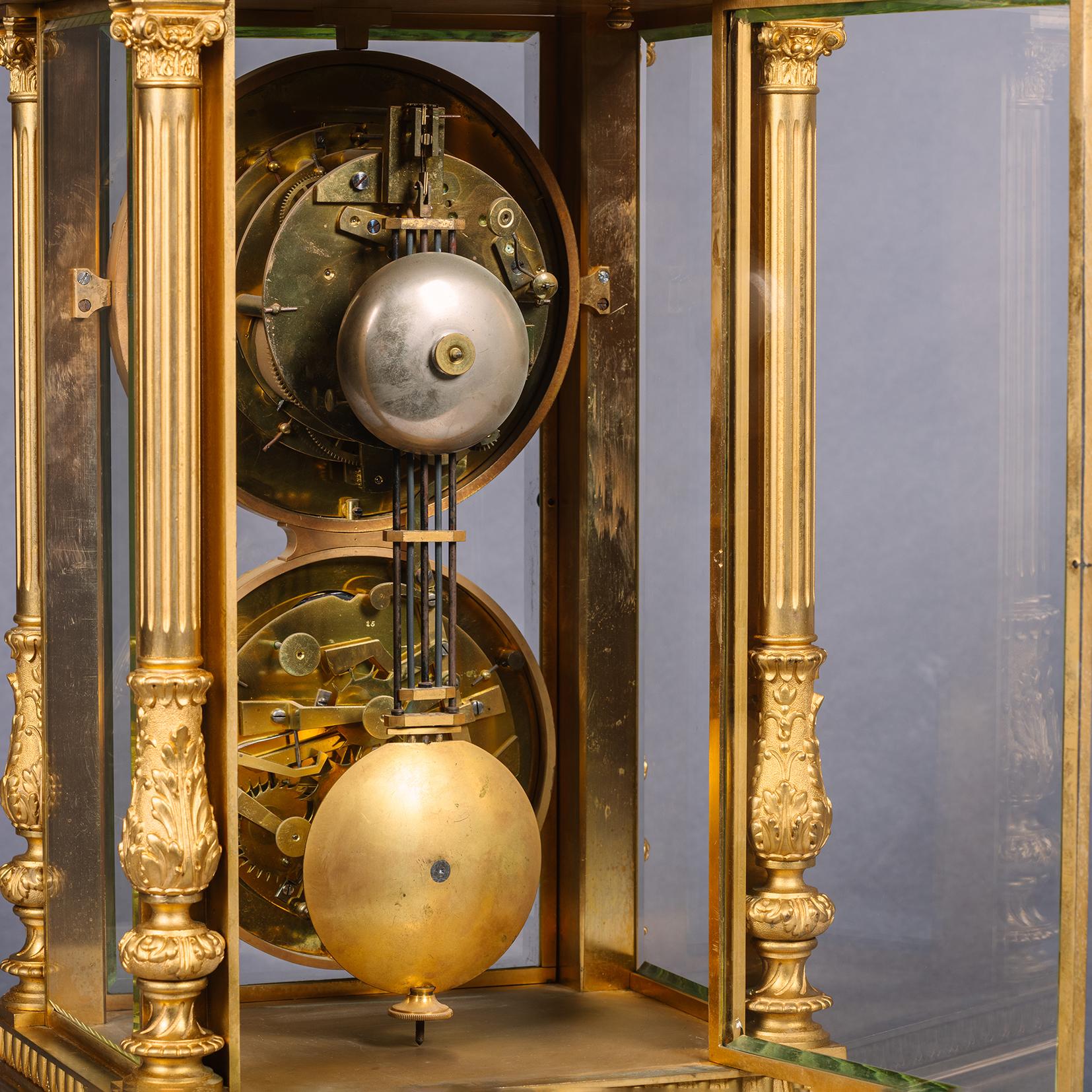 A Large Gilt-Bronze Four-Glass Mantel Regulator Calendar Clock For Sale 1