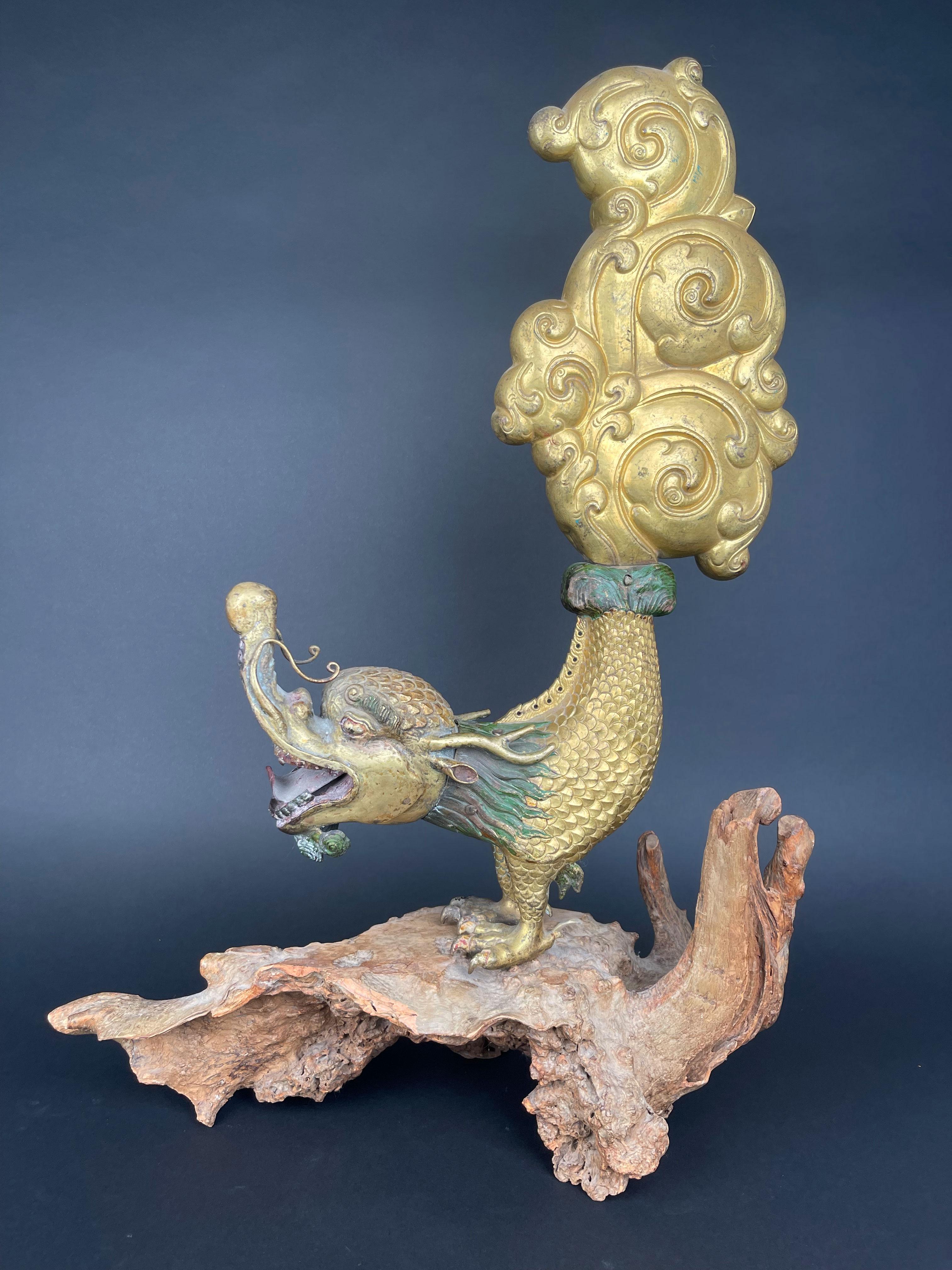 A Large Gilt Bronze Makara Finials, Tibet, Late 17th Early 18th Century In Good Condition For Sale In Pasadena, CA