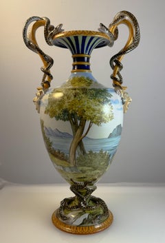 A large Ginori Serpent Vase Majolica Mythological Neptune Poseidon, 1880's