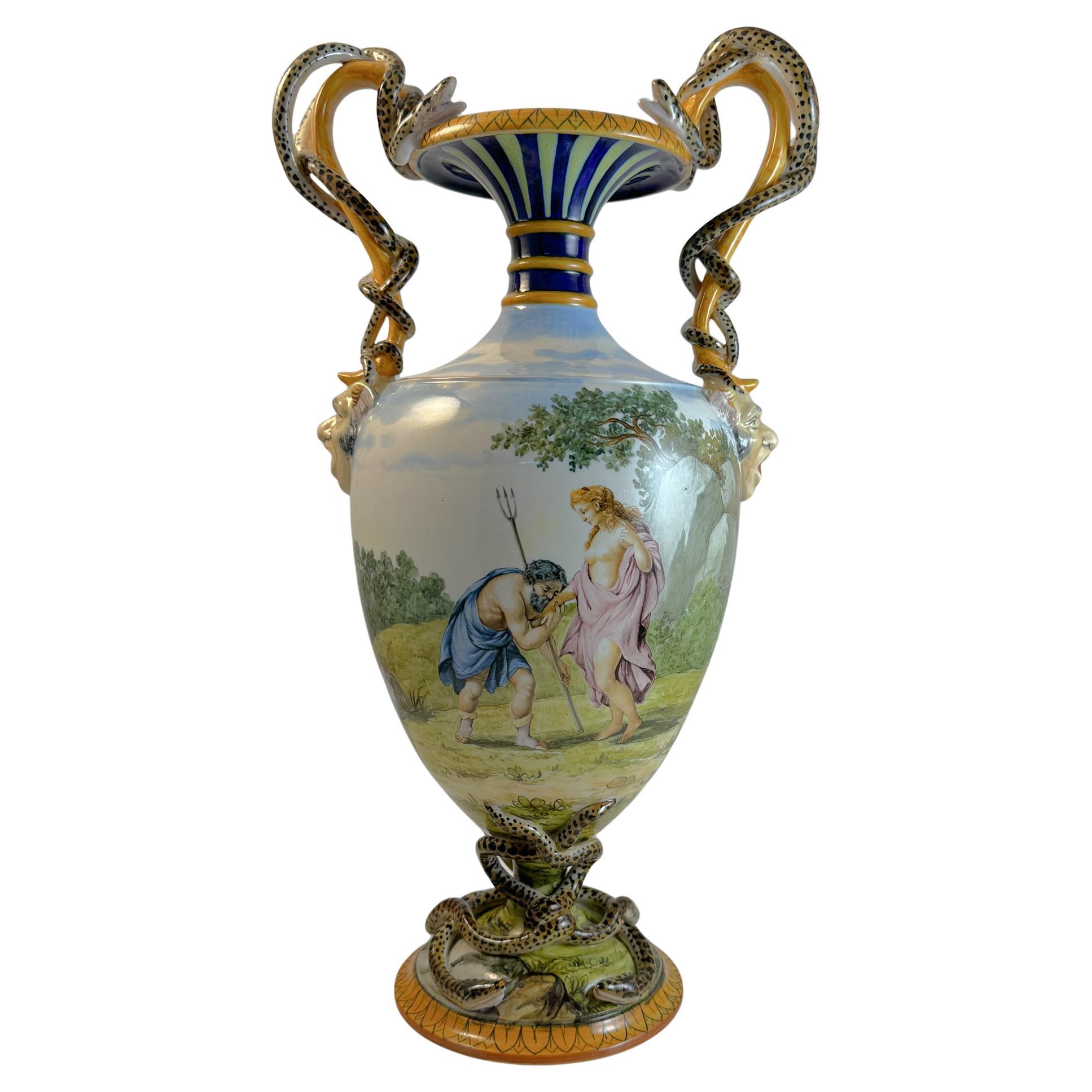 A large Ginori Serpent Vase Majolica Mythological Neptune Poseidon, 1880
s For Sale