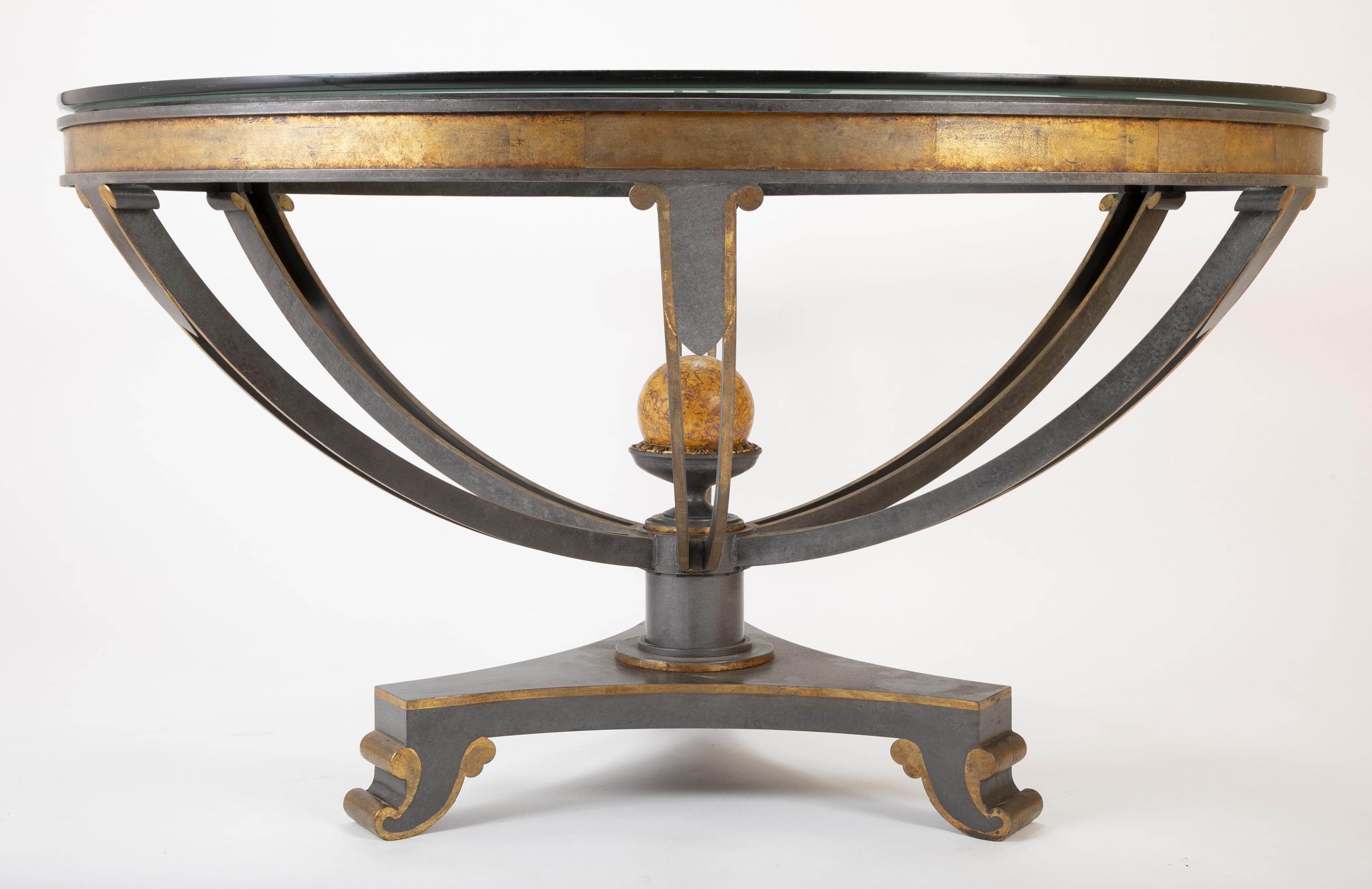 Large Glass Top Patinated Steel Centre Table with Faux Bois Detail 5