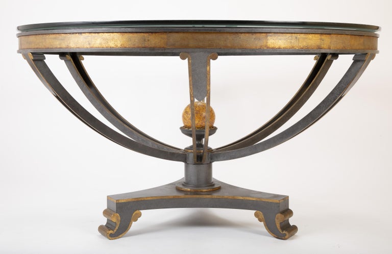 Large Glass Top Patinated Steel Centre Table with Faux Bois Detail For Sale 5
