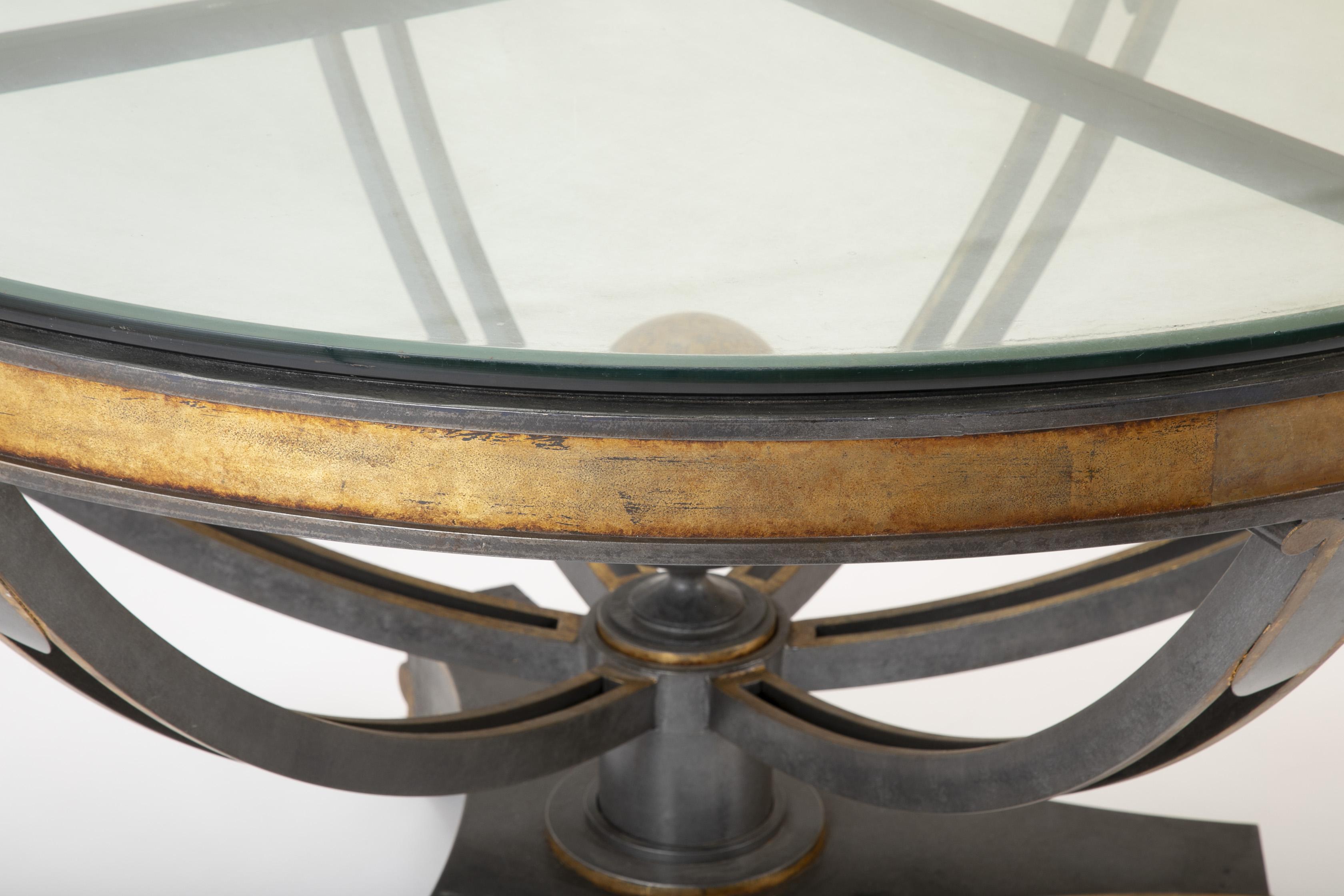 Large Glass Top Patinated Steel Centre Table with Faux Bois Detail 11