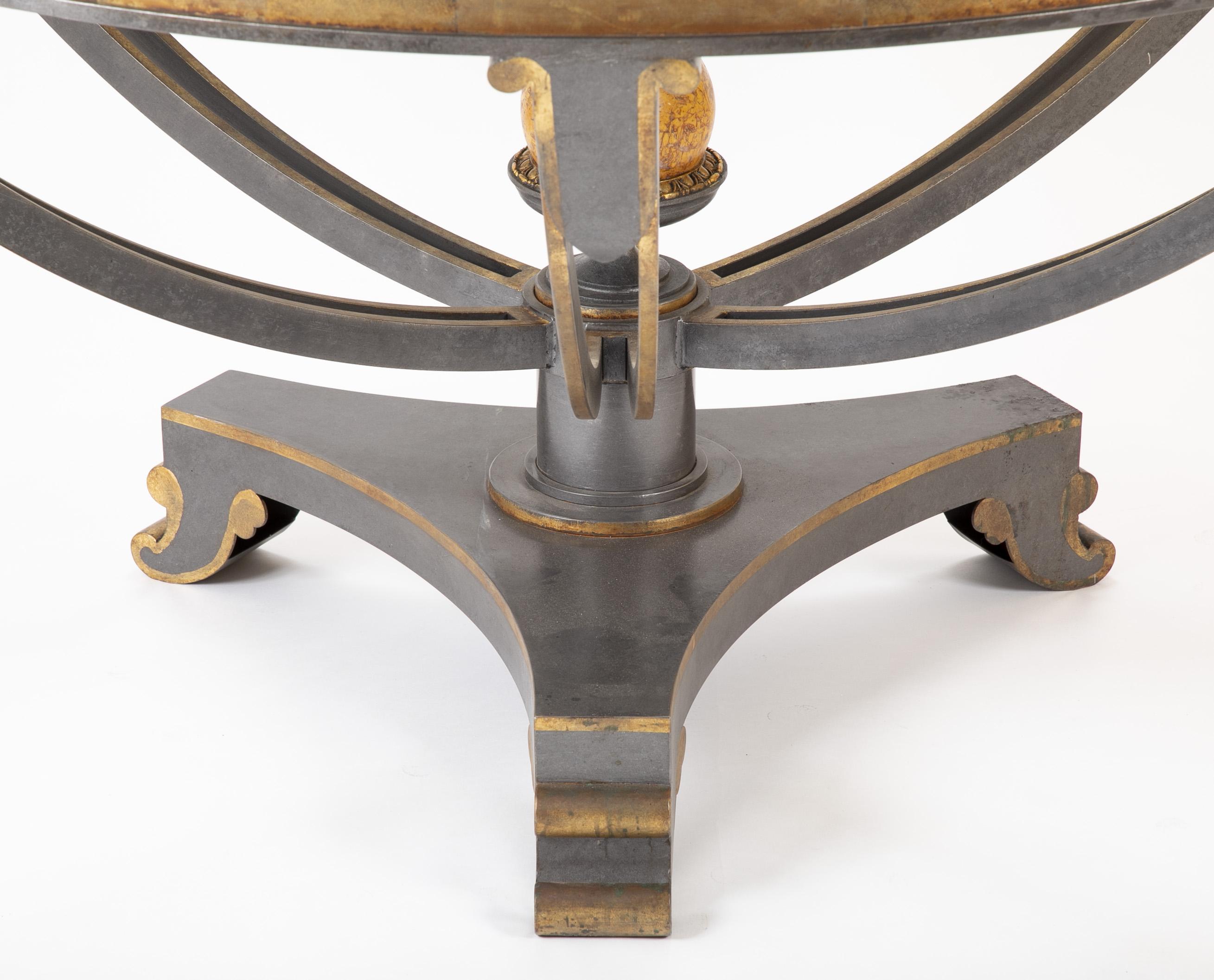 American Large Glass Top Patinated Steel Centre Table with Faux Bois Detail
