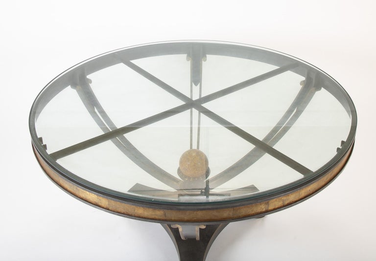 Large Glass Top Patinated Steel Centre Table with Faux Bois Detail For Sale 2