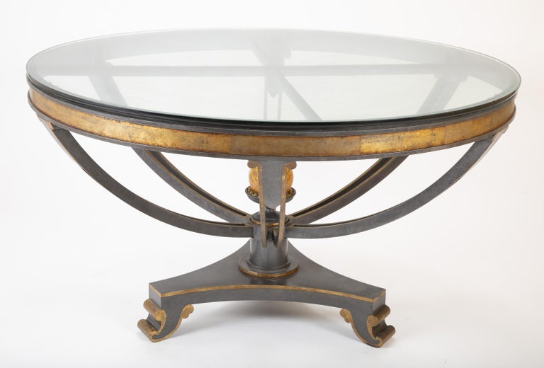 Large Glass Top Patinated Steel Centre Table with Faux Bois Detail For Sale 3
