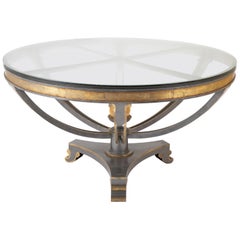 Large Glass Top Patinated Steel Centre Table with Faux Bois Detail