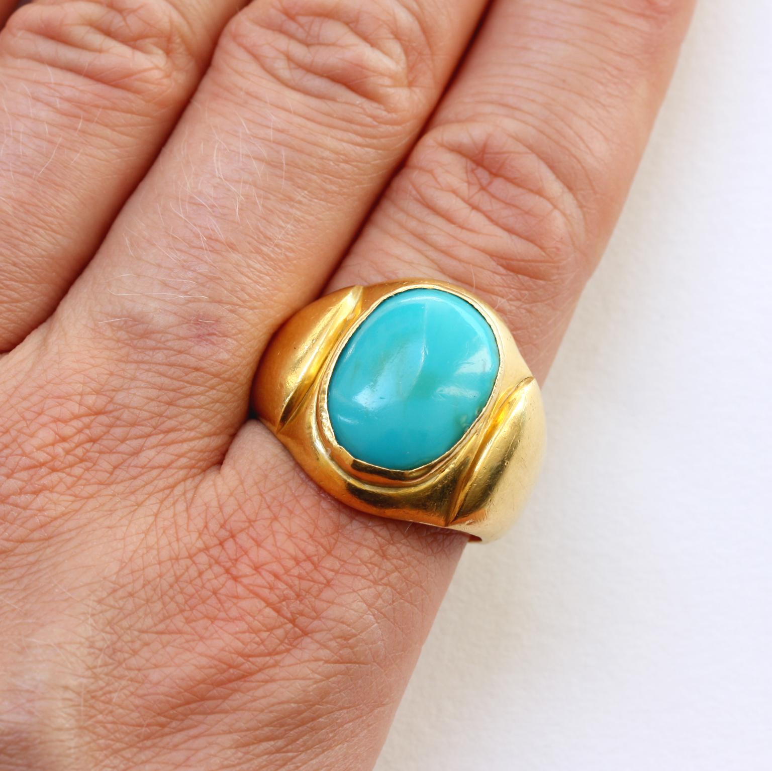 Women's or Men's Large Gold and Cabochon Turquoise Ring