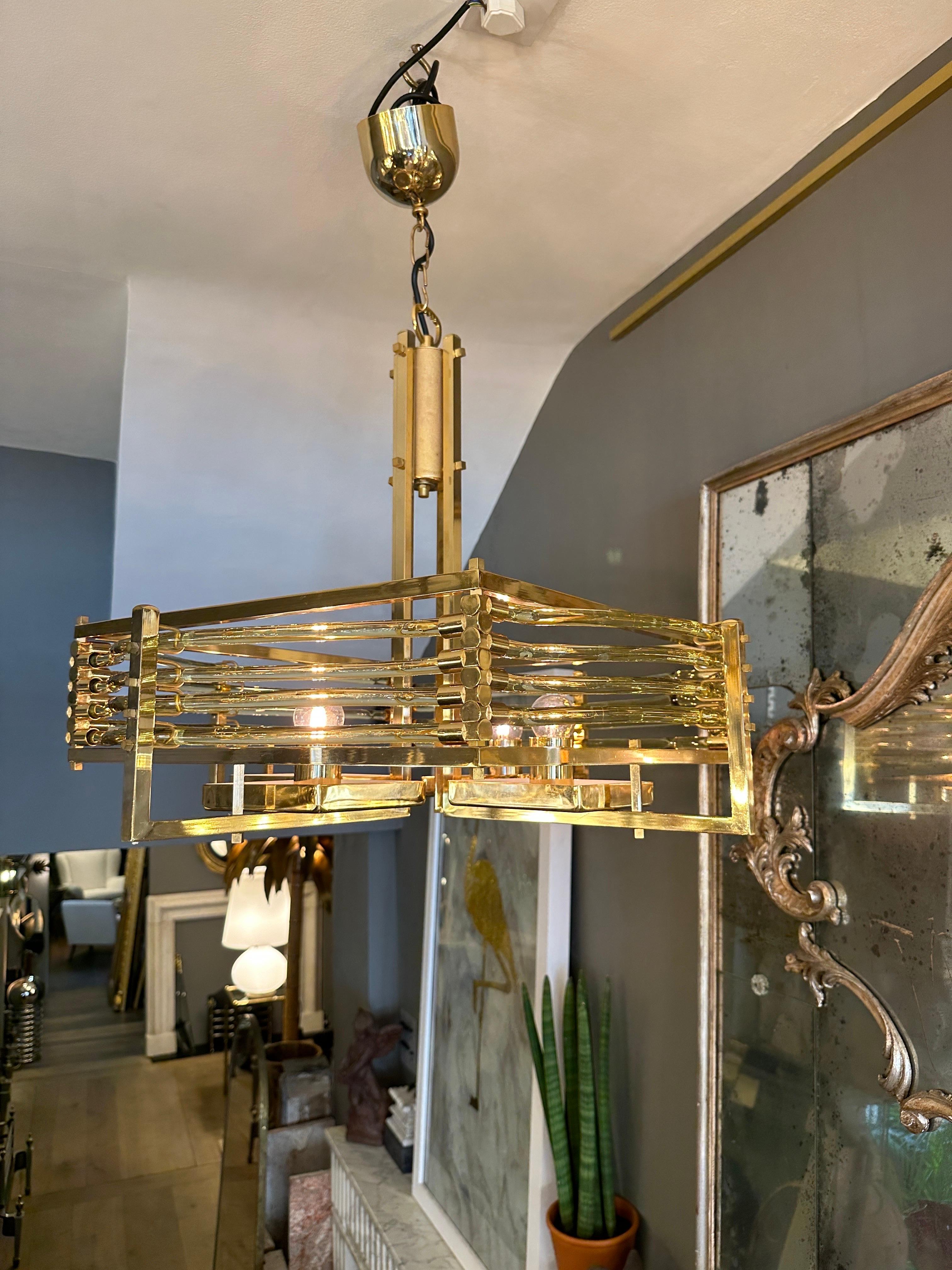 A Large Gold Plated Murano Glass Tubed Chandelier By Gaetano Sciolari  For Sale 7