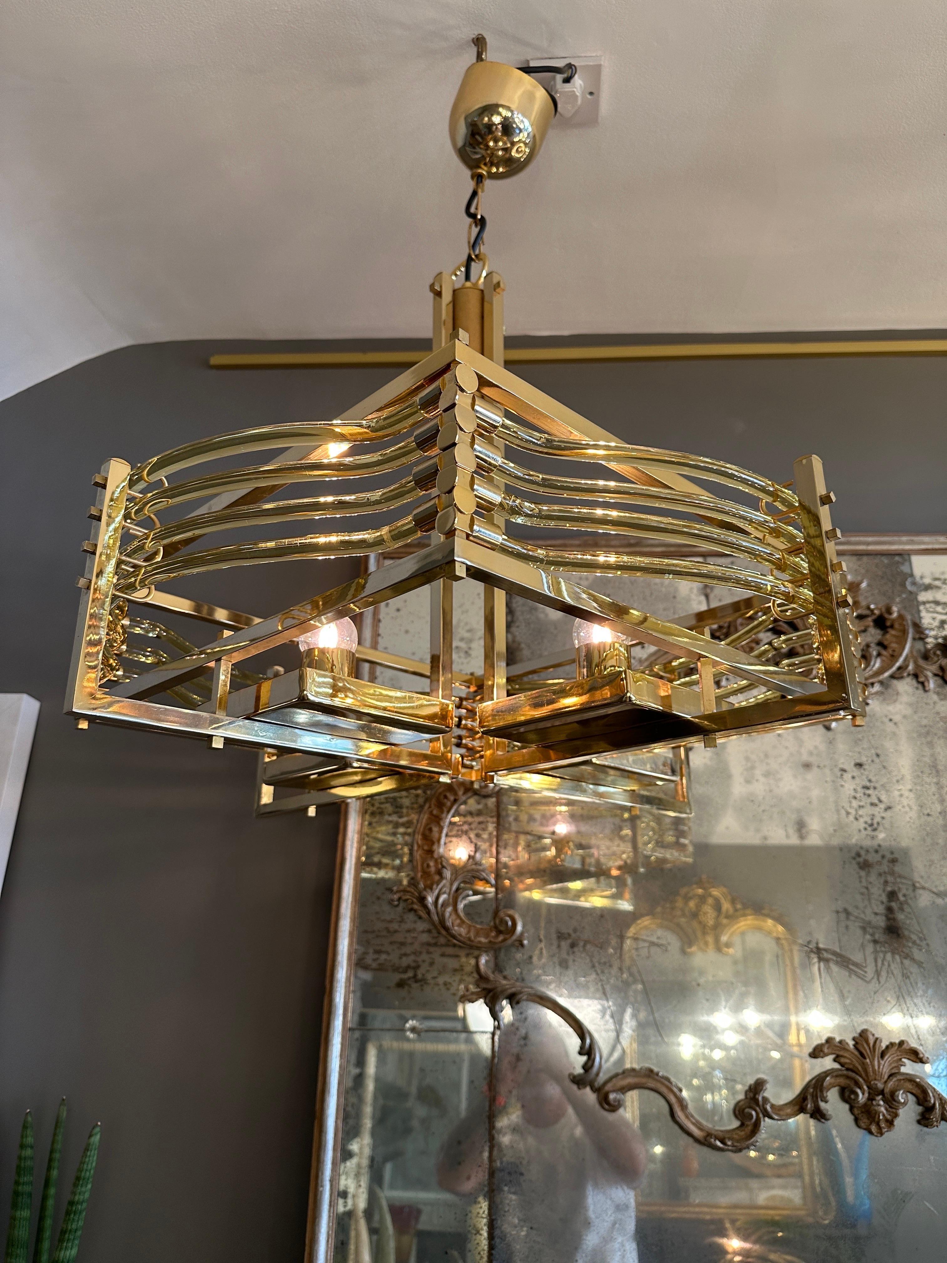 A Large Gold Plated Murano Glass Tubed Chandelier By Gaetano Sciolari  For Sale 1