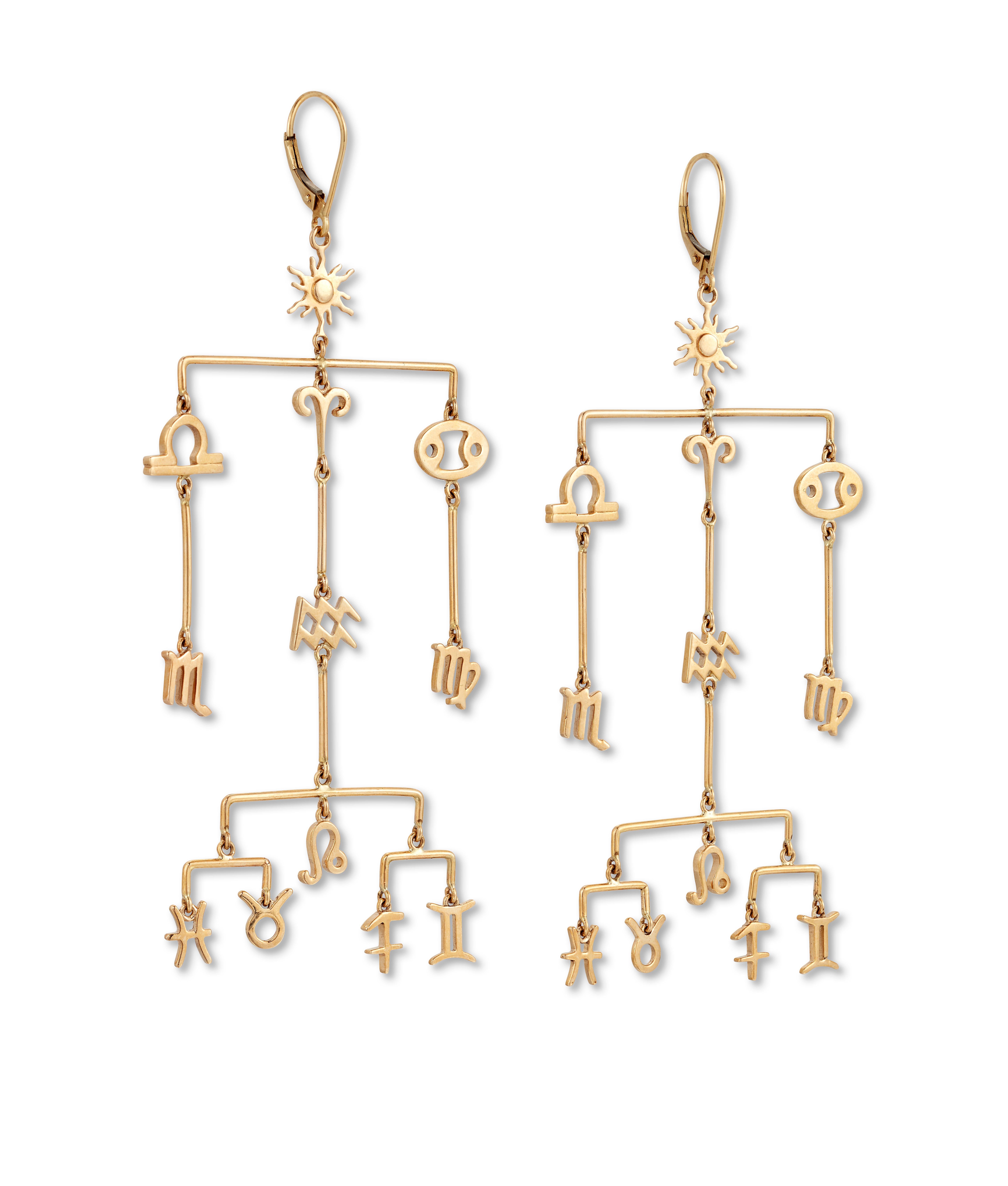 Handmade Articulated large Pendant Earrings, suspending 12 Sun signs with hook fittings, set in 9ct gold.

12 Sun signs representing all the Zodiac signs of the Astrological table. Each earring beautifully finished and balanced, fun easy to wear,