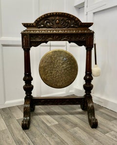 Large Gothic Carved Oak and Brass Dinner Gong
