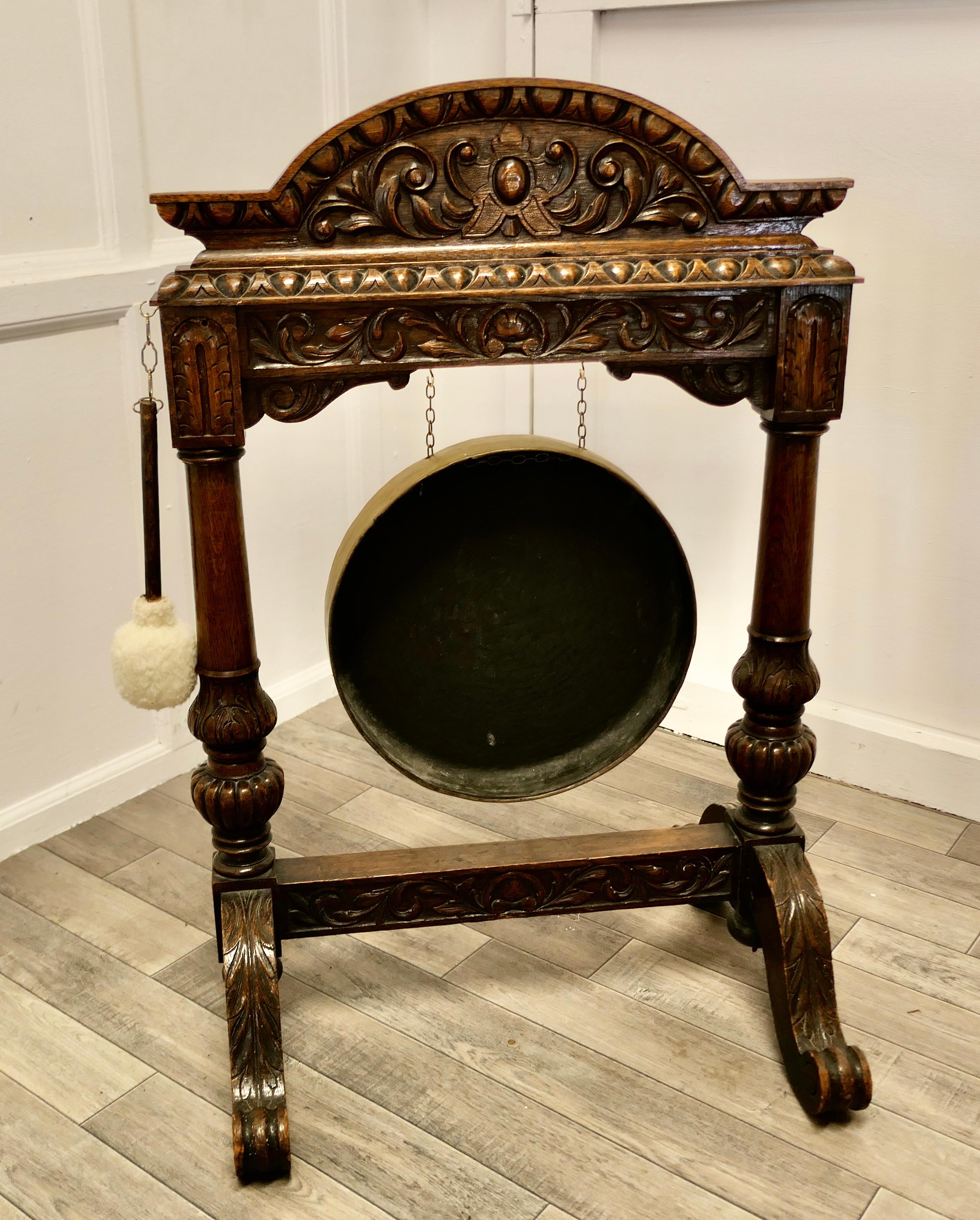 19th Century Large Gothic Carved Oak and Brass Dinner Gong