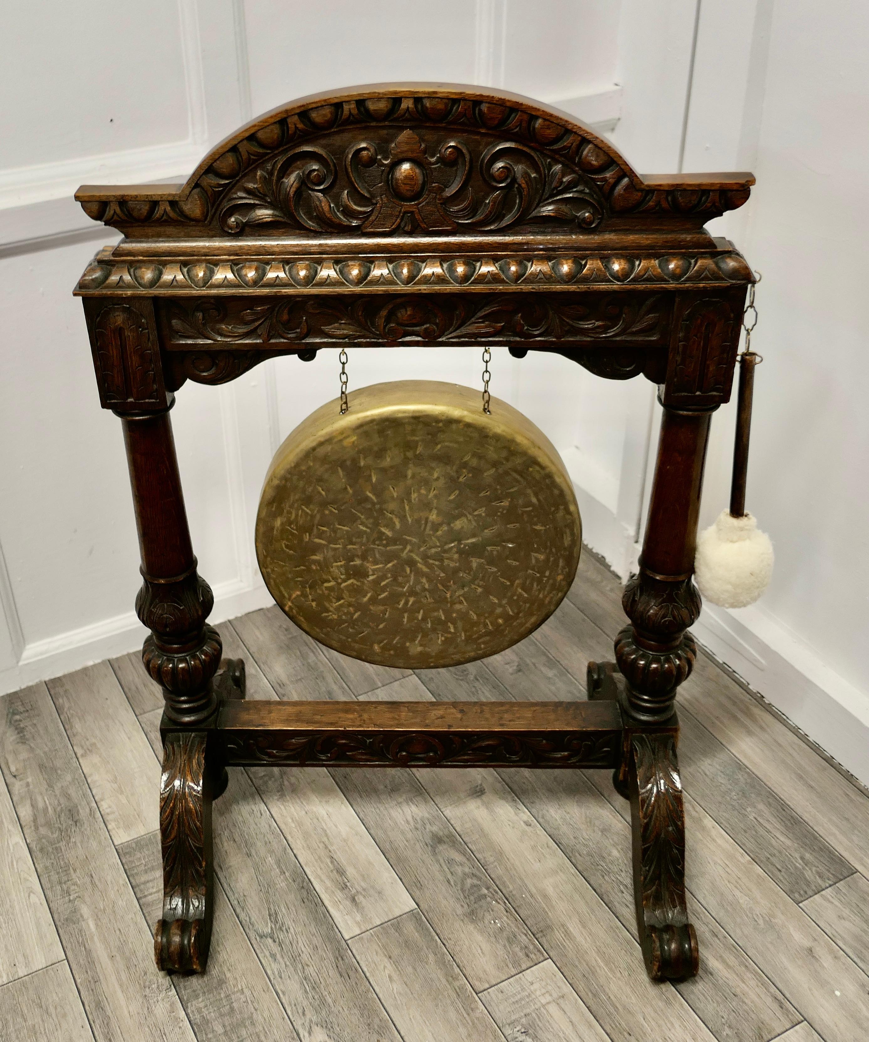 Large Gothic Carved Oak and Brass Dinner Gong 1