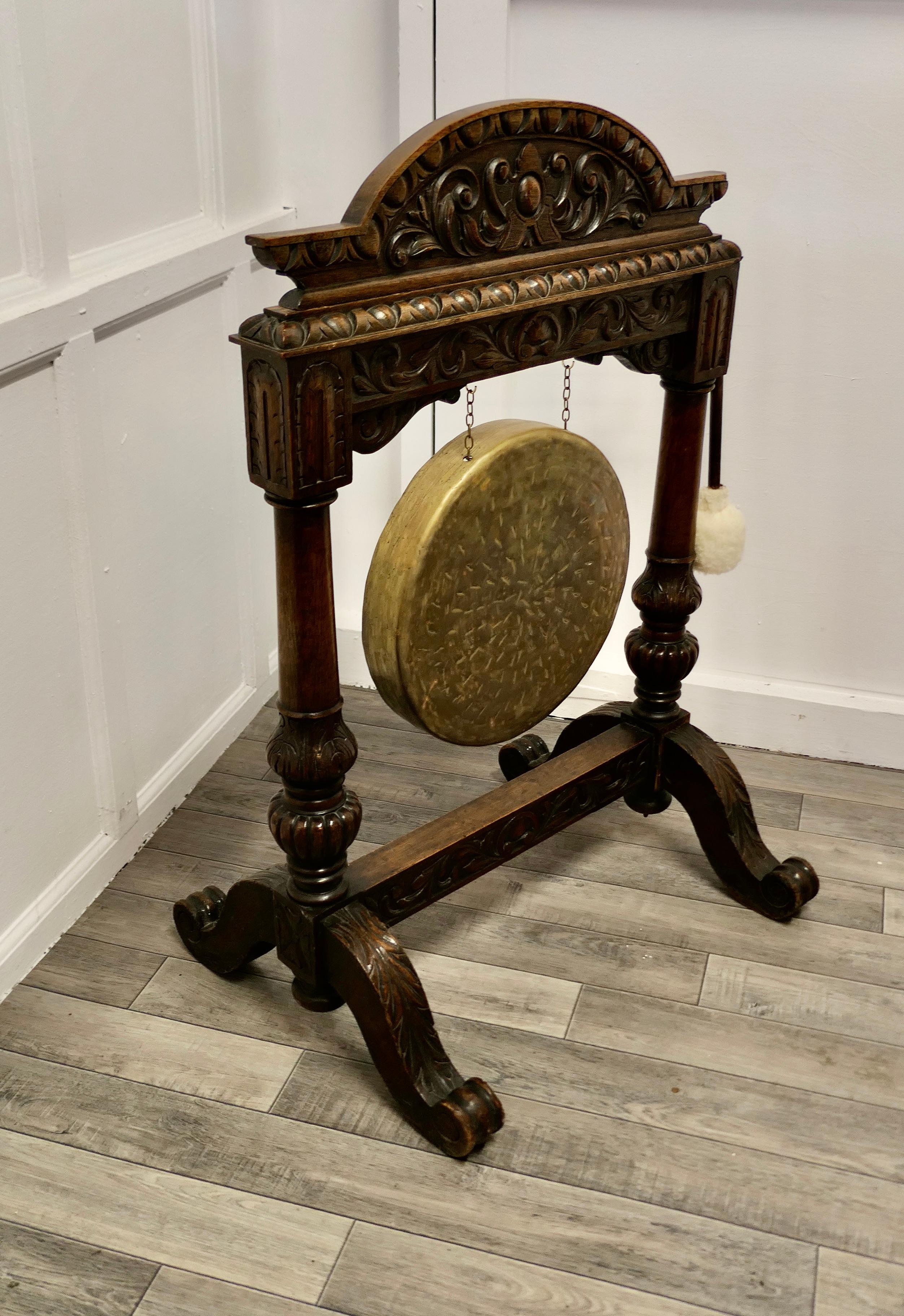 Large Gothic Carved Oak and Brass Dinner Gong 2