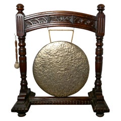 Large Gothic Carved Oak and Brass Dinner Gong