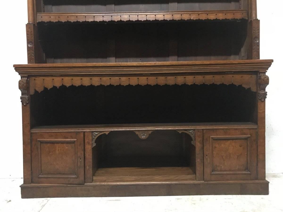 English Pugin Style Large Gothic Revival Oak & Burr Oak Bookcase with Corinthian Columns For Sale