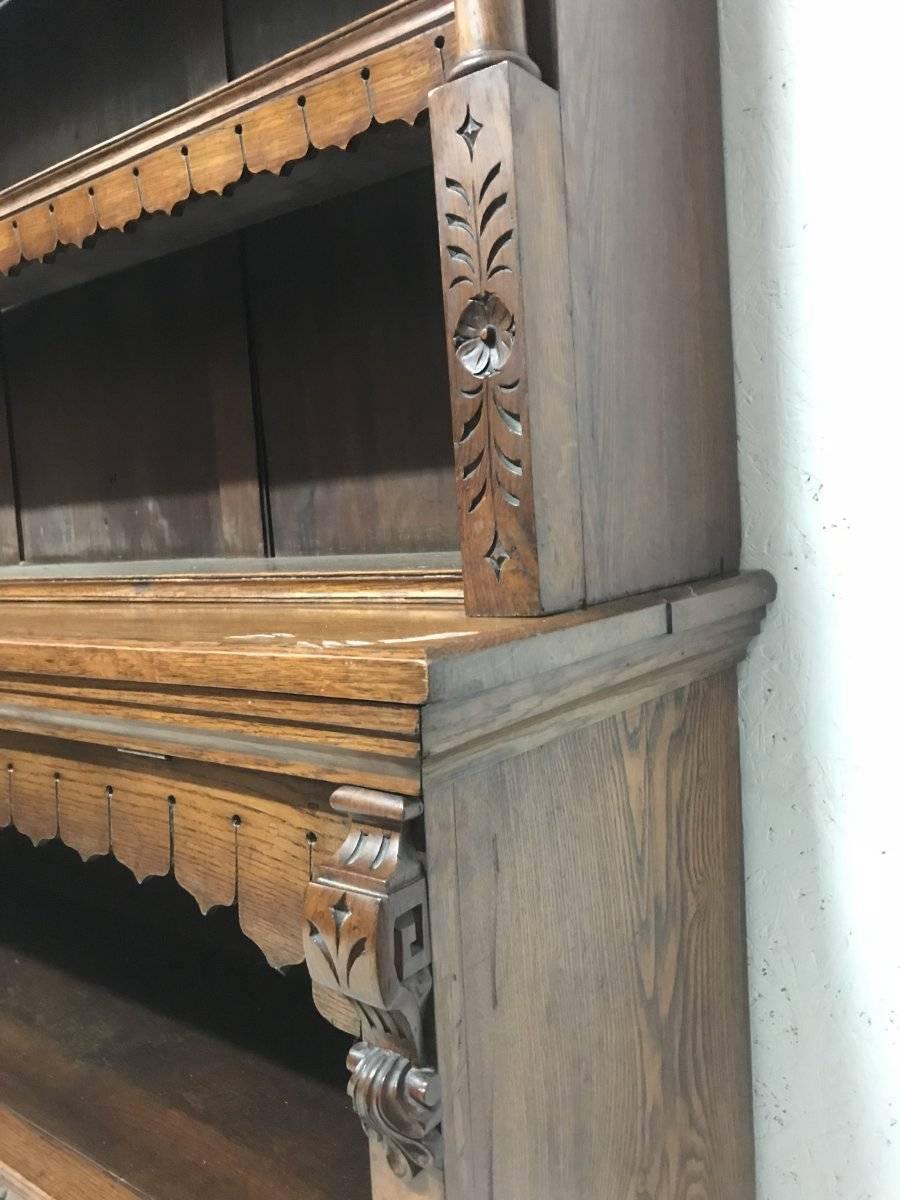 Late 19th Century Pugin Style Large Gothic Revival Oak & Burr Oak Bookcase with Corinthian Columns For Sale