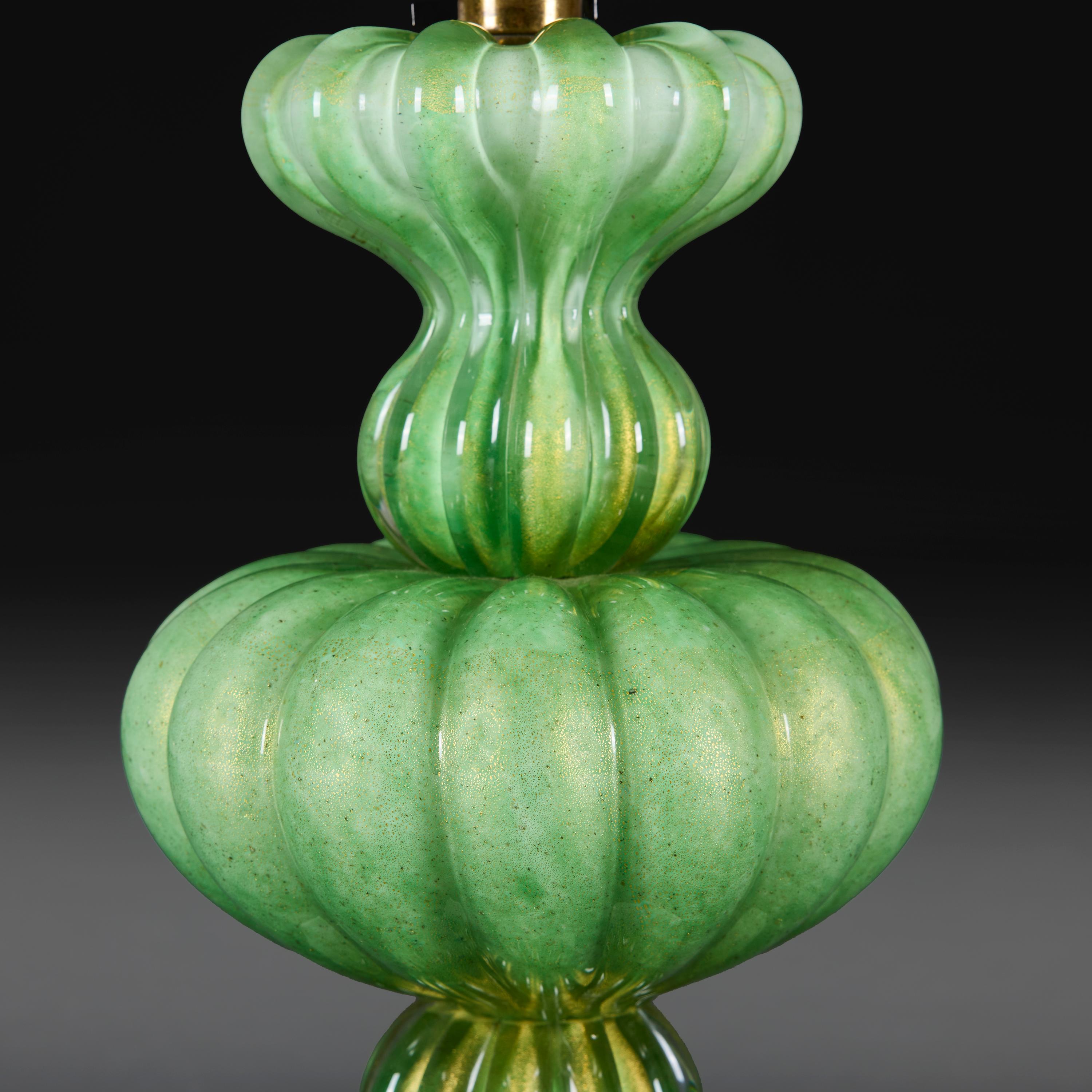 20th Century A Large Green Aventurine Murano Glass Lamp by Seguso For Sale