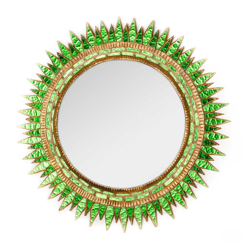 Contemporary Large Green Glass Sunburst Convex Mirror. For Sale