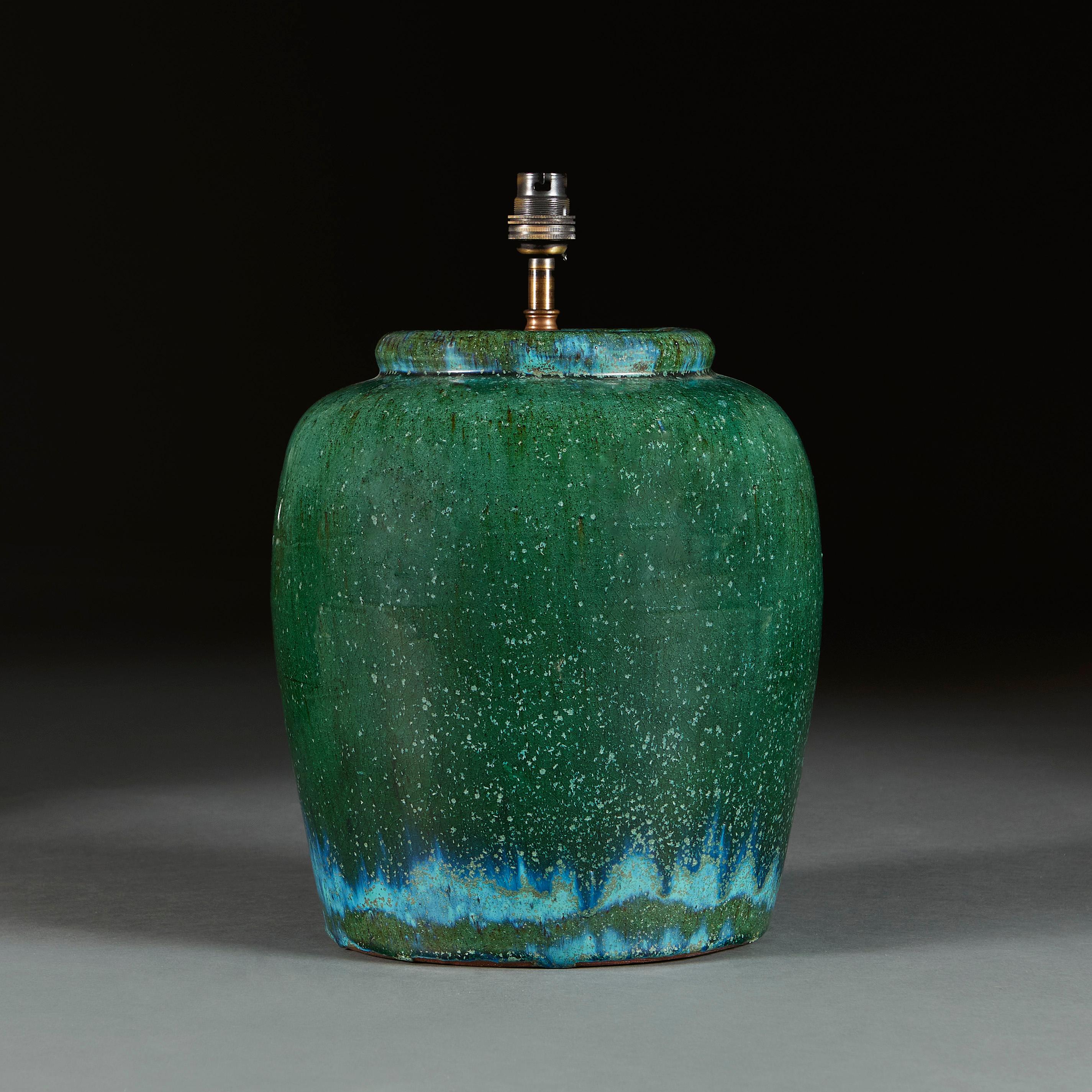 French Large Green Glaze Art Pottery Lamp