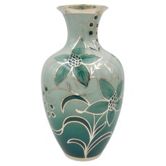 Large Silver Overlay Green Porcelain Vase by FW Spahr for Edelstein