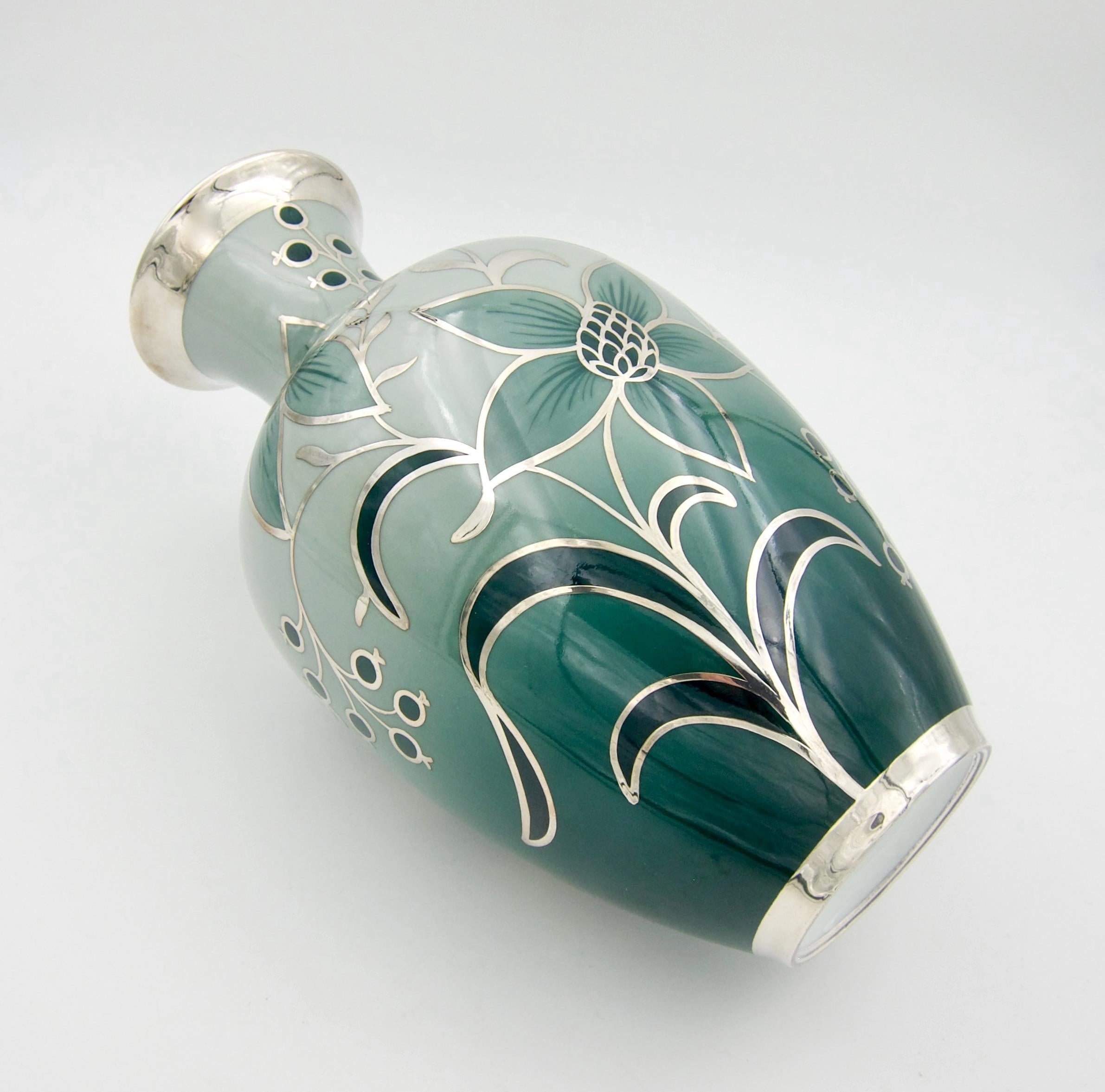 Large Silver Overlay Green Porcelain Vase by FW Spahr for Edelstein In Good Condition In Los Angeles, CA