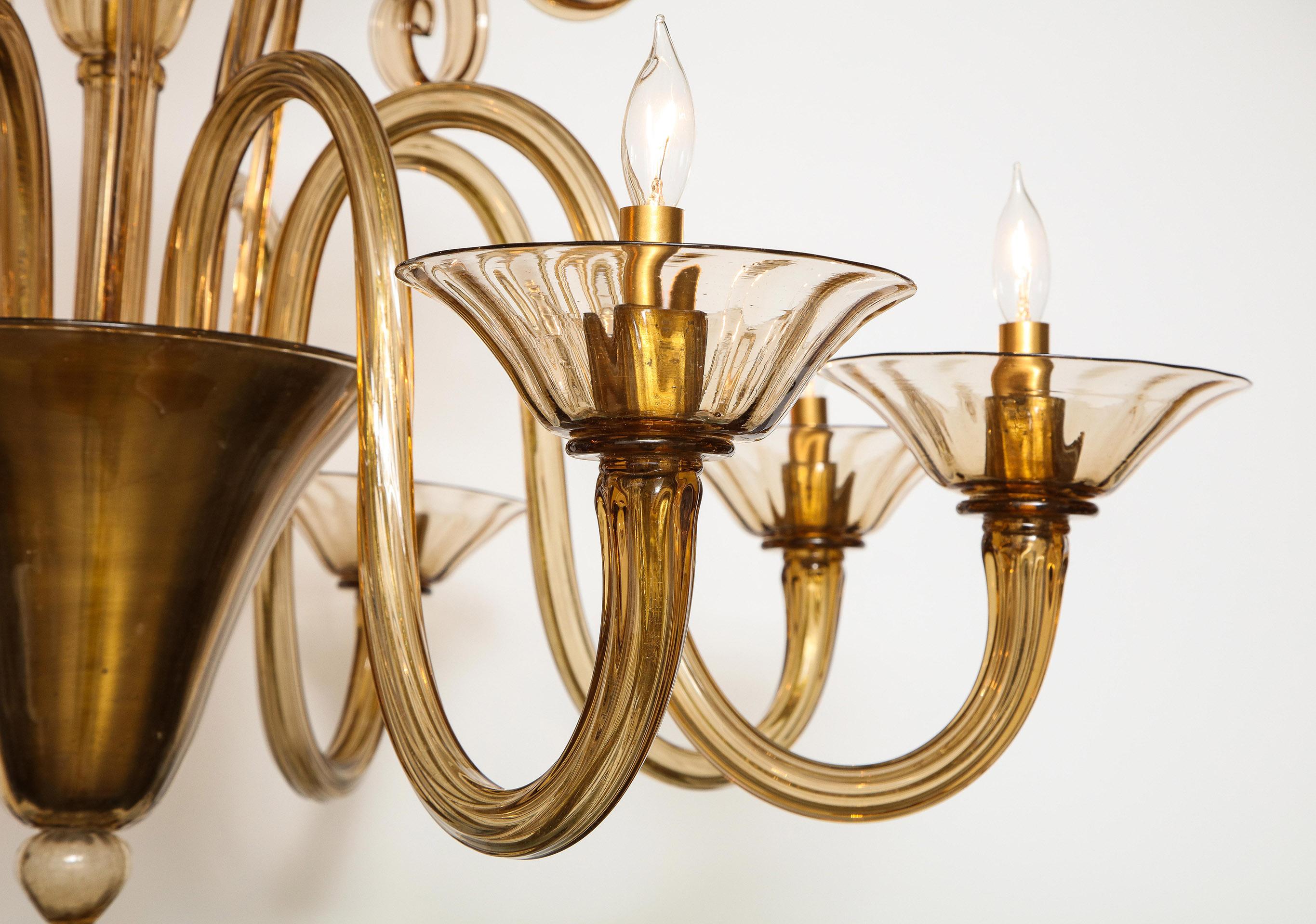 Italian Large Hand Blown Amber Glass Chandelier Attributed to Fratelli Toso For Sale