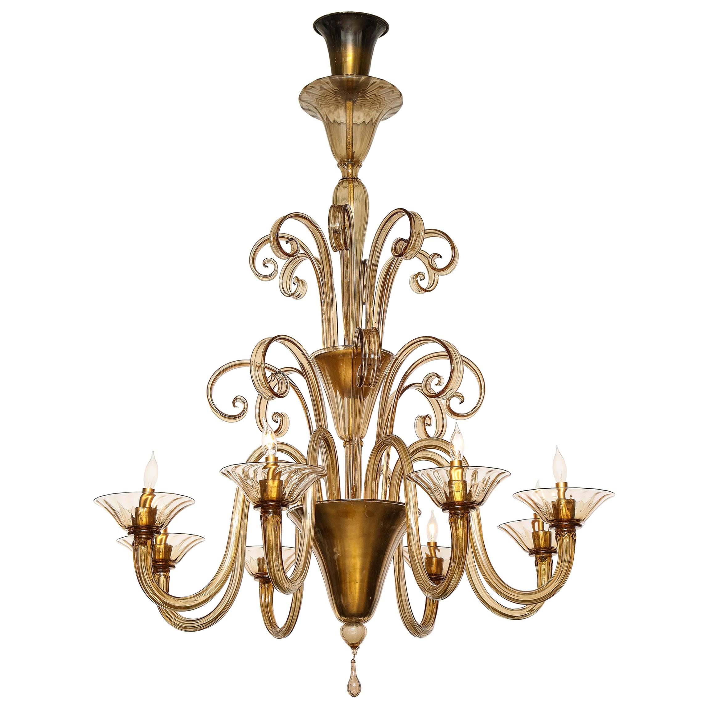 Large Hand Blown Amber Glass Chandelier Attributed to Fratelli Toso For Sale